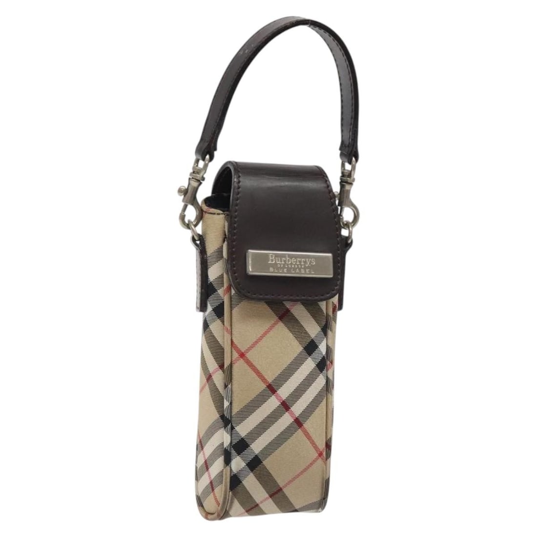 Burberrys Nova Check Blue Label nylon pouch beige silver: Burberrys Nova Check Blue Label nylon pouch beige silver This Burberrys Nova Check Blue Label pouch is crafted from beige and silver nylon. Designed for women, it features a compact silhouette with ap