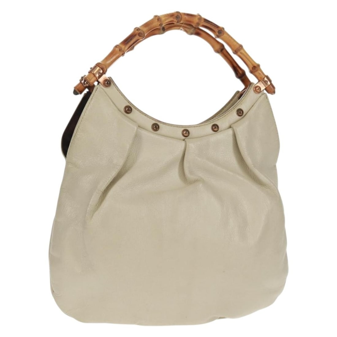 Ivory Leather Gucci Bamboo Handle Handbag Model 124297 with Dust Bag: Ivory Leather Gucci Bamboo Handle Handbag Model 124297 with Dust Bag This Gucci Bamboo handbag is crafted from ivory leather and features a signature bamboo handle. The bag includes a dust bag accesso