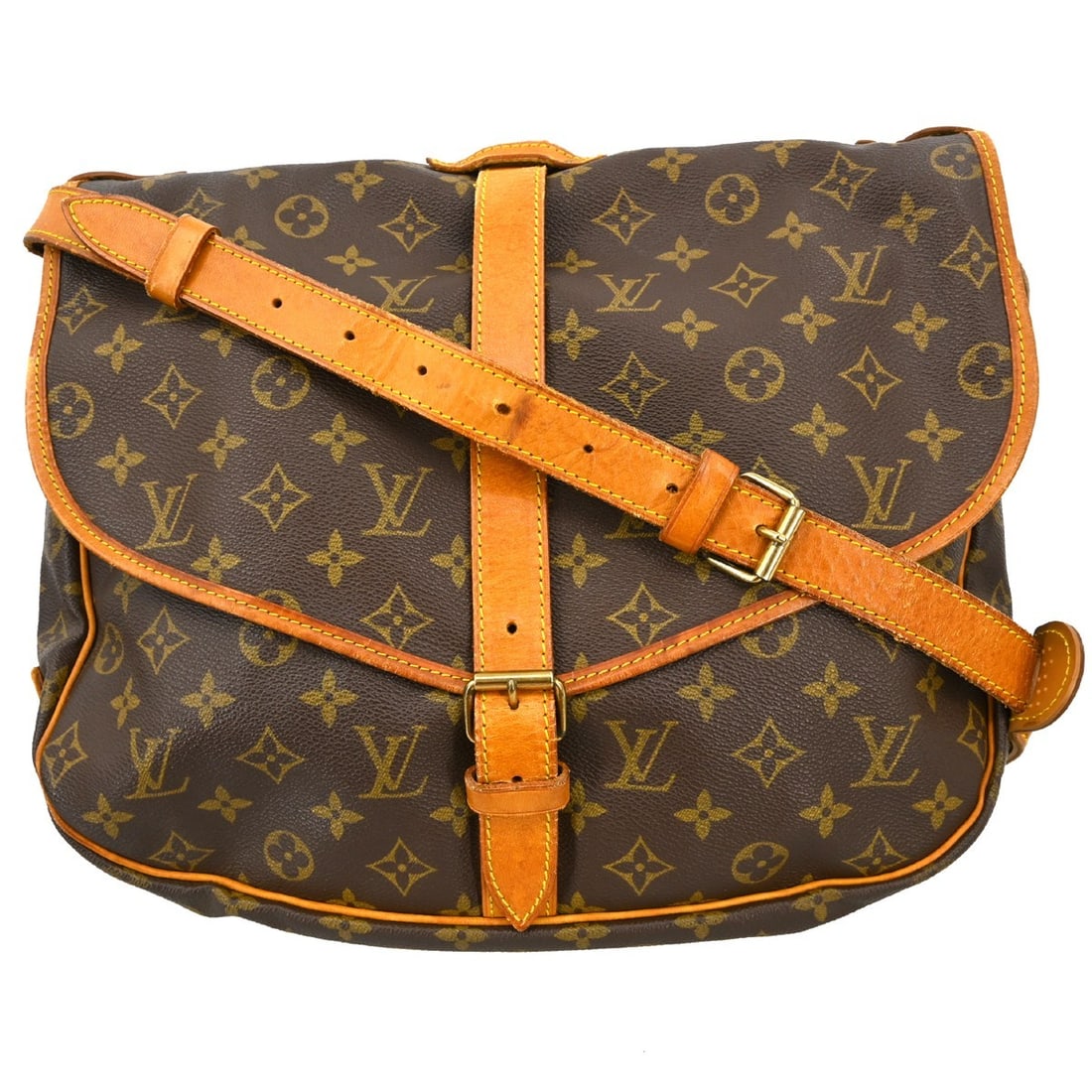 Louis Vuitton Saumur 35 Monogram Canvas Shoulder Bag M42254 Brown: Louis Vuitton Saumur 35 Monogram Canvas Shoulder Bag M42254 Brown This Louis Vuitton Saumur 35 shoulder bag features the iconic monogram canvas with leather trim and a brown crossbody leather strap. D
