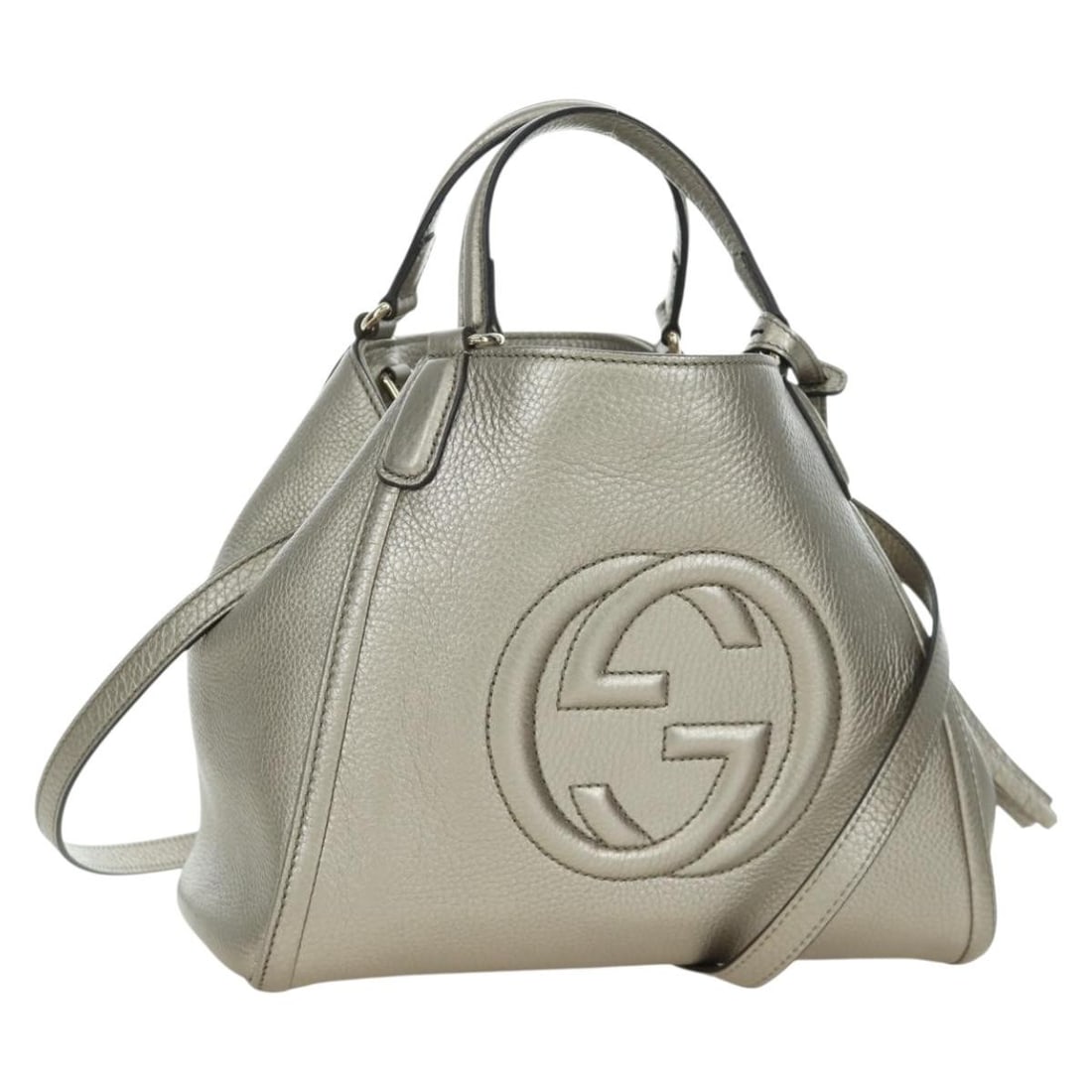 Gucci Soho Leather Two Way Silver Gold Handbag with Shoulder Strap: Gucci Soho Leather Two Way Silver Gold Handbag with Shoulder Strap This is a GUCCI Soho 2-way handbag crafted from leather with a striking silver and gold exterior. Designed for women, the bag offers 