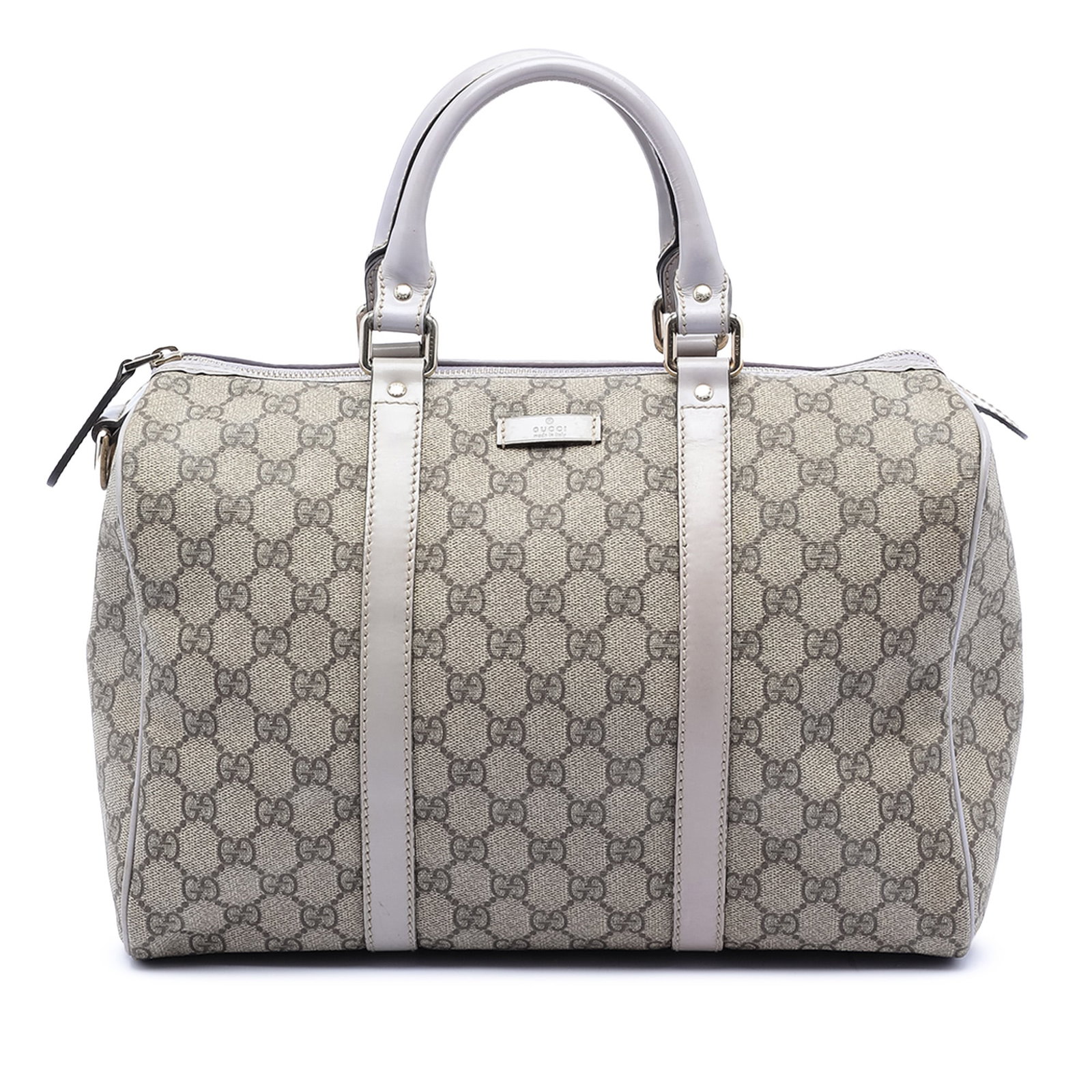 Beige Gucci GG Supreme Joy Medium Boston Bag with Leather Trim: Beige Gucci GG Supreme Joy Medium Boston Bag with Leather Trim This Gucci Medium GG Supreme Joy Boston Bag features a coated canvas body with leather trim, rolled leather handles, a top zip closure, a