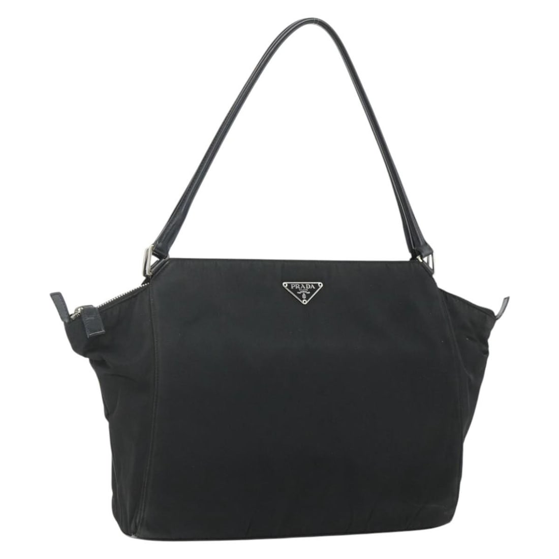 Prada nylon black silver women tote Italy 11.8 x 9.8 x 2.4 inch: Prada nylon black silver women tote Italy 11.8 x 9.8 x 2.4 inch This PRADA tote bag is crafted from durable black nylon with silver-tone accents. Designed for women, it features a spacious interior an