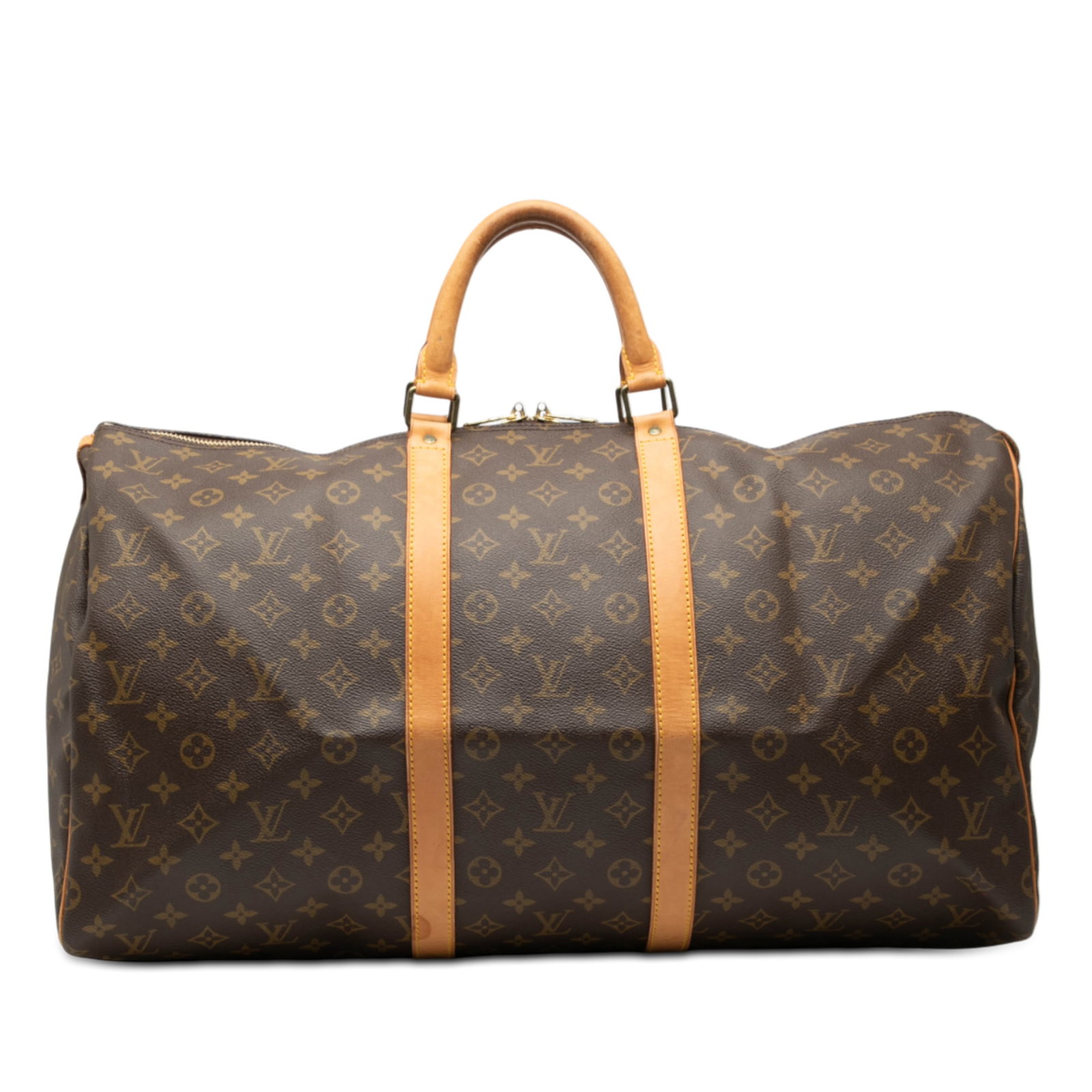 Louis Vuitton Keepall 55 Travel Bag Monogram Canvas with Vachetta Leather Trim: Louis Vuitton Keepall 55 Travel Bag Monogram Canvas with Vachetta Leather Trim The Louis Vuitton Monogram Keepall 55 is crafted from signature monogram canvas with vachetta leather trim and rolled vac