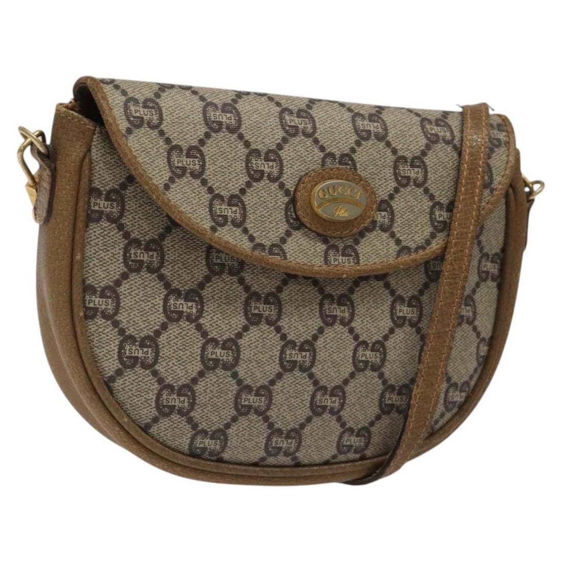 Gucci Beige Gold GG Supreme PVC Leather Shoulder Bag for Women: Gucci Beige Gold GG Supreme PVC Leather Shoulder Bag for Women This is a Gucci GG Plus Supreme shoulder bag crafted from beige and gold PVC leather with GG canvas accents. The bag features a compact d