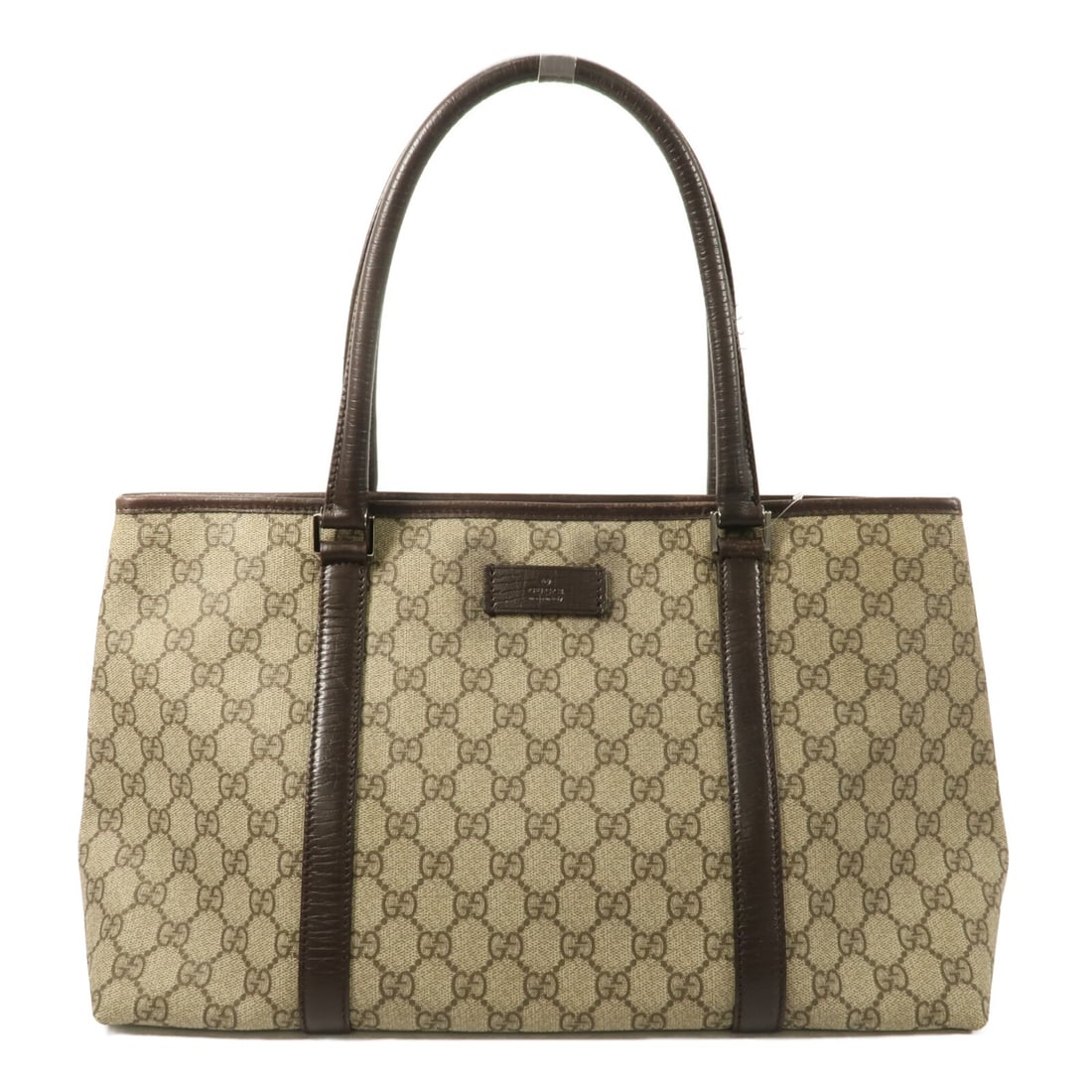 Gucci GG SHW Beige PVC Coated Canvas Tote Bag 114595: Gucci GG SHW Beige PVC Coated Canvas Tote Bag 114595 This GUCCI tote bag features a beige PVC coated canvas exterior with calfskin leather accents, offering both durability and style. Designed for wom