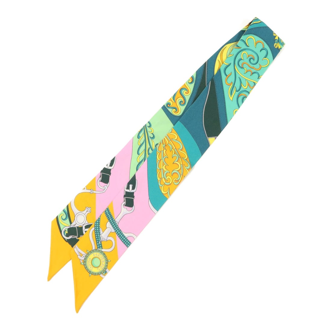 Hermes silk Twilly scarf green yellow pink: Hermes silk Twilly scarf green yellow pink This Hermes Twilly scarf is crafted from luxurious silk and features a vibrant combination of green, yellow, and pink tones. Made in France, it is designed f