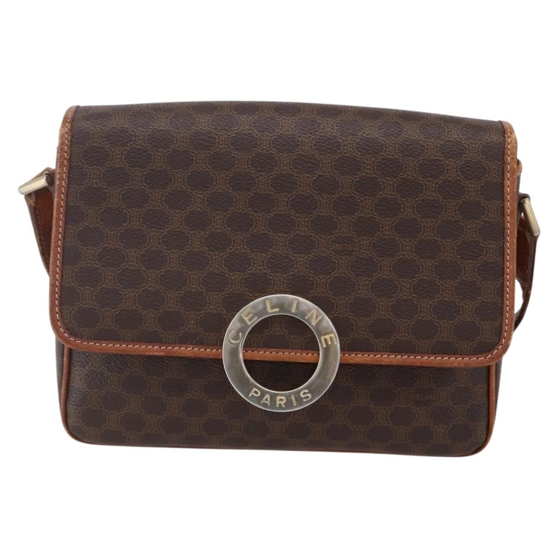 Celine Macadam Circle Logo Canvas Shoulder Bag with Leather Trim: Celine Macadam Circle Logo Canvas Shoulder Bag with Leather Trim This Celine Vintage Macadam Circle Logo shoulder bag is crafted from brown canvas with leather accents. Designed for women, it features