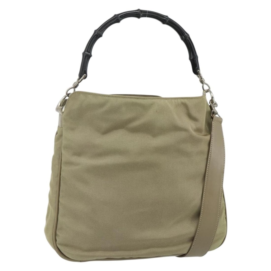 Gucci Bamboo nylon khaki silver shoulder bag 2way with strap: Gucci Bamboo nylon khaki silver shoulder bag 2way with strap This GUCCI Bamboo Shoulder Bag offers versatile 2-way carrying options and features a khaki and silver color scheme. Crafted from nylon, th
