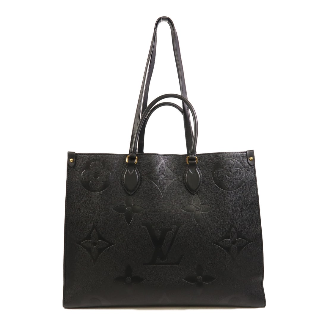 Louis Vuitton On The Go GM Black Calfskin Shoulder Bag M44925 Gold Hardware: Louis Vuitton On The Go GM Black Calfskin Shoulder Bag M44925 Gold Hardware This Louis Vuitton On The Go GM is a versatile 2-way shoulder bag crafted from black calfskin with a monogram empreinte desi