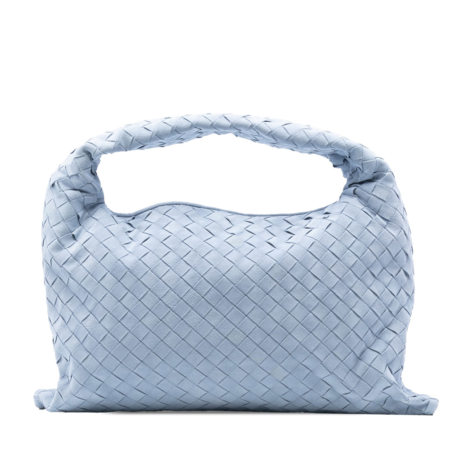 Blue Suede Intrecciato Hop Hobo Bag by Bottega Veneta Small Size: Blue Suede Intrecciato Hop Hobo Bag by Bottega Veneta Small Size This Bottega Veneta Small Suede Intrecciato Hop Hobo bag features a woven suede leather body, a flat leather top handle, and a top snap