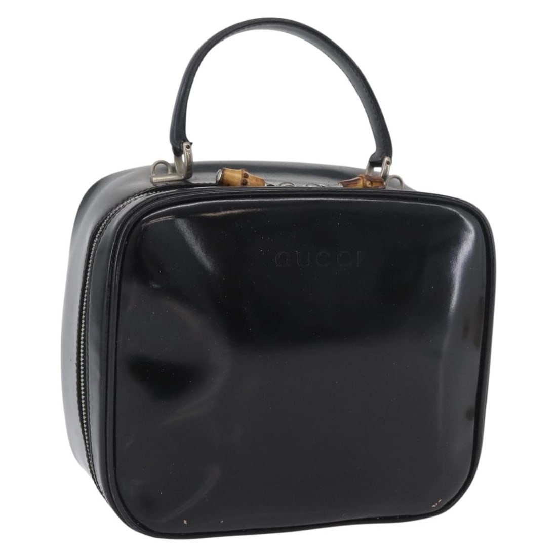 Black Patent Leather Bamboo Handle Handbag by Gucci 000 270 0323: Black Patent Leather Bamboo Handle Handbag by Gucci 000 270 0323 This is a Gucci Bamboo handbag crafted from black patent leather with silver-tone accents. Designed for women, the bag features a struc