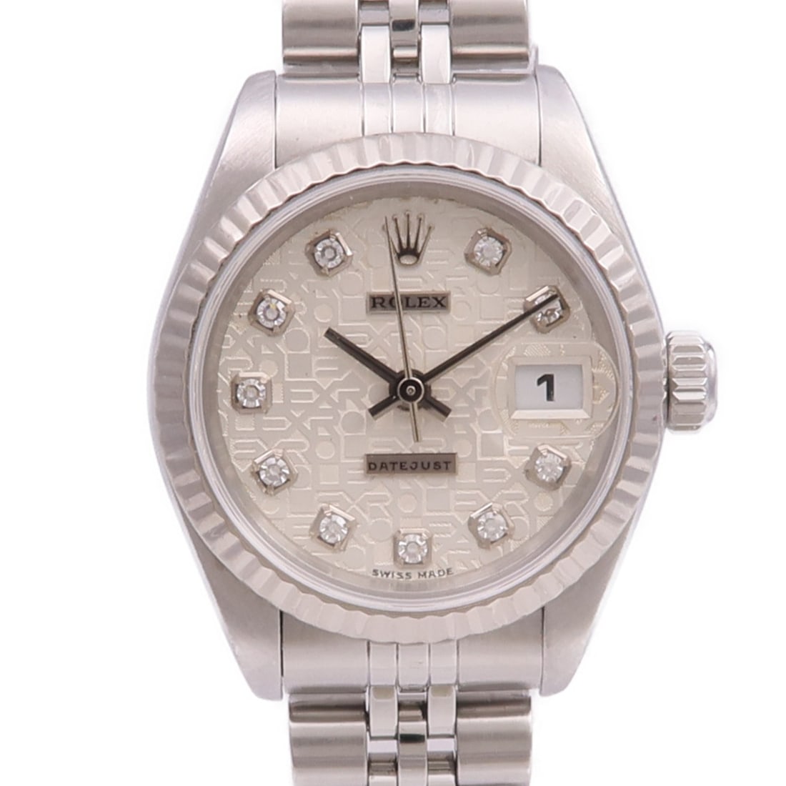 ROLEX Datejust 79174G White Gold Diamond Automatic Wristwatch: ROLEX Datejust 79174G White Gold Diamond Automatic Wristwatch This Rolex Datejust 79174G is a sophisticated wristwatch crafted for women, featuring a case and band made from 18K white gold and stainle