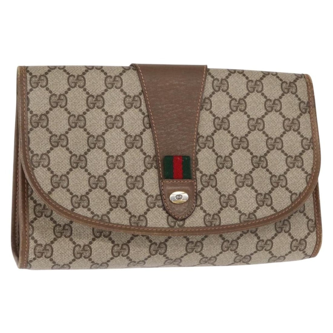GUCCI GG Supreme Sherry Line Beige Gold Clutch Bag PVC Auth 89 01 030: GUCCI GG Supreme Sherry Line Beige Gold Clutch Bag PVC Auth 89 01 030 Introducing the GUCCI GG Supreme Web Sherry Line Clutch Bag, a stylish accessory crafted in Italy. Made from durable PVC leather, 