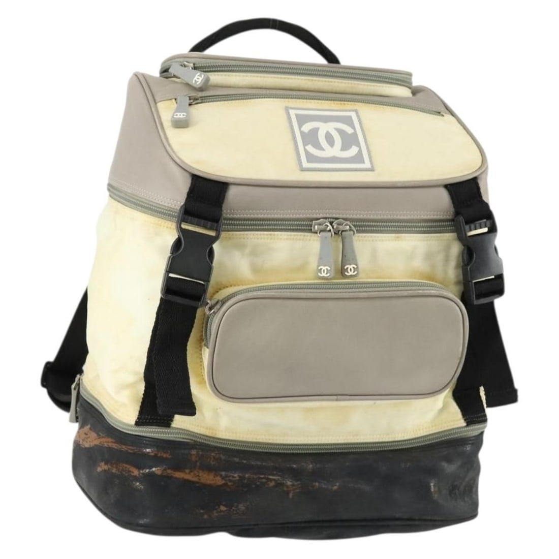 CHANEL Coco Mark nylon leather beige silver backpack Auth: CHANEL Coco Mark nylon leather beige silver backpack Auth This CHANEL Sports Line backpack features a beige and silver color scheme and is crafted from nylon with leather accents. Designed for women, 