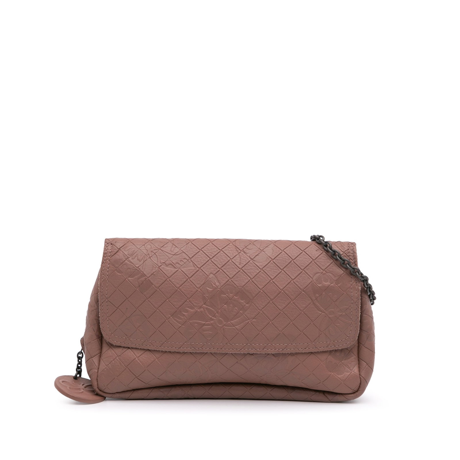 Bottega Veneta Pink Calfskin Intrecciomirage Butterfly Chain Crossbody: Bottega Veneta Pink Calfskin Intrecciomirage Butterfly Chain Crossbody This exquisite Bottega Veneta Small Calfskin Intrecciomirage Embossed Butterfly Chain Crossbody bag showcases an elegant embossed