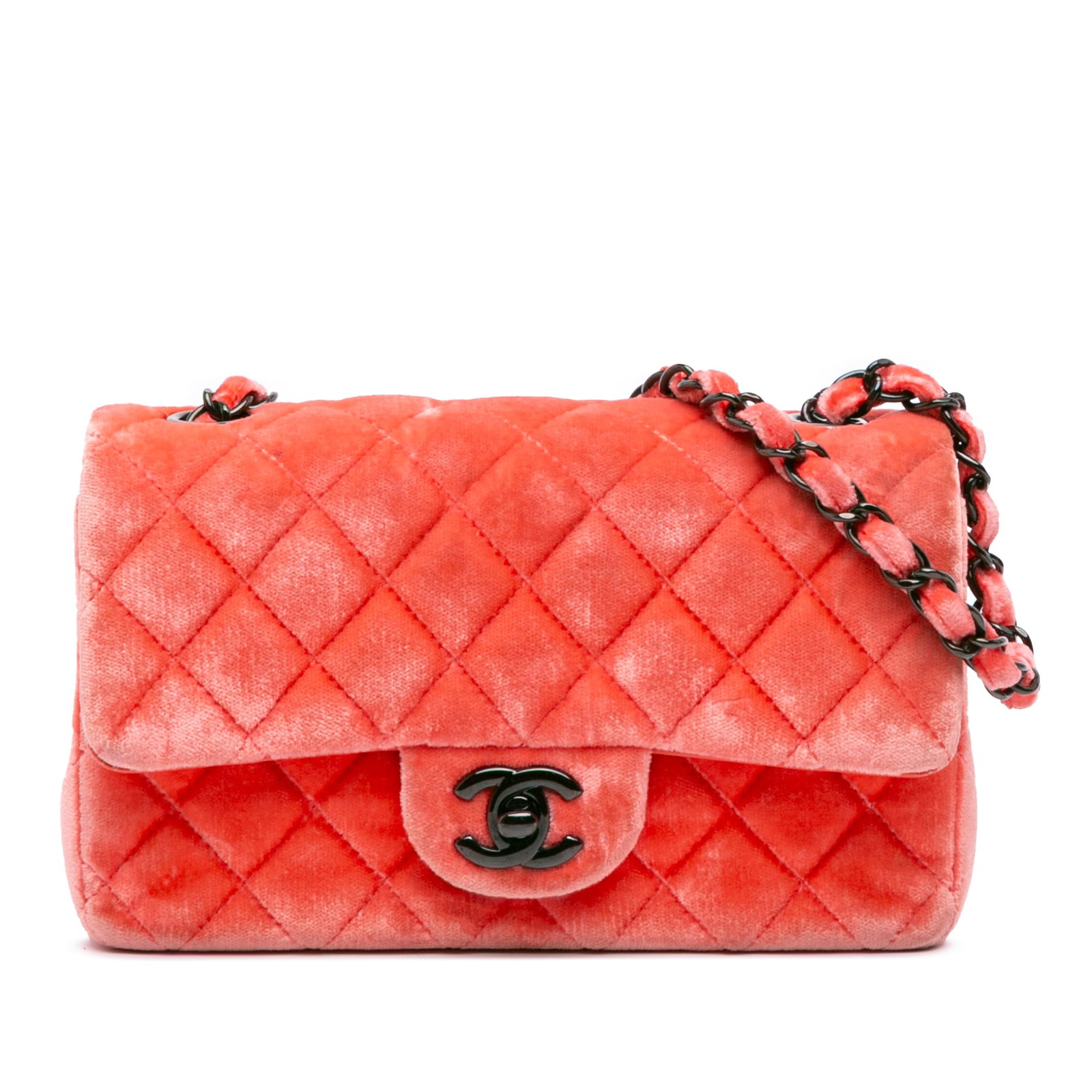 Chanel Mini Rectangular Classic Velvet Crossbody Bag Orange: Chanel Mini Rectangular Classic Velvet Crossbody Bag Orange The Chanel Mini Rectangular Classic Velvet Single Flap is an elegant crossbody bag crafted from quilted velvet in a striking orange hue. It 