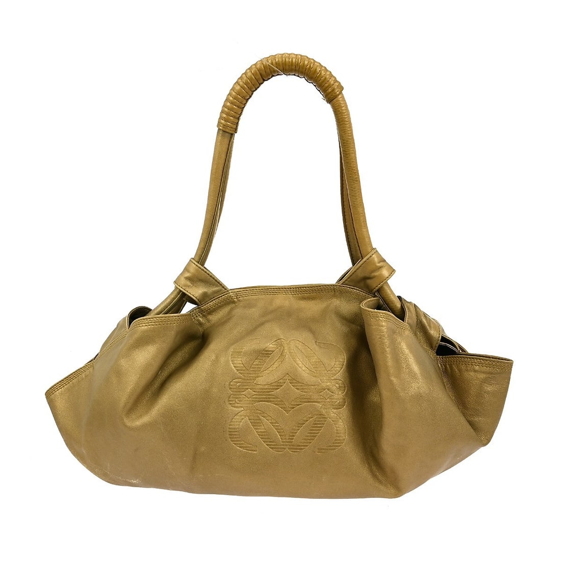 Loewe Aire Medium Gold Lambskin Nappa Top Handle Bag with Double Leather Handles: Loewe Aire Medium Gold Lambskin Nappa Top Handle Bag with Double Leather Handles This Loewe Aire handbag is crafted from gold lambskin nappa leather and features a medium-sized, top handle design. It 