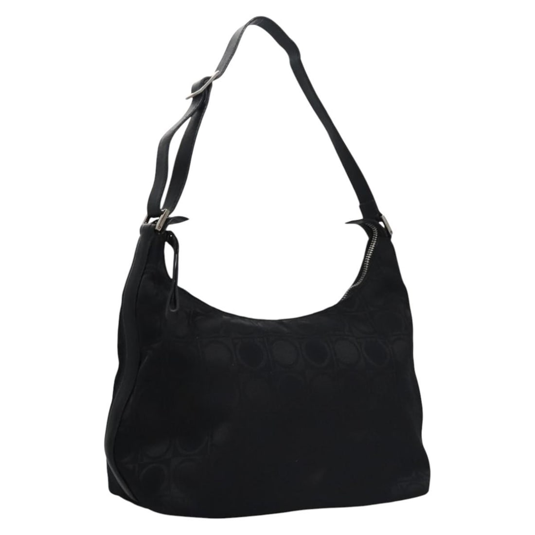 Gancini Canvas Shoulder Bag in Black and Silver by Salvatore Ferragamo: Gancini Canvas Shoulder Bag in Black and Silver by Salvatore Ferragamo This Salvatore Ferragamo Gancini shoulder bag features a black and silver canvas exterior with silver-tone hardware. Designed for