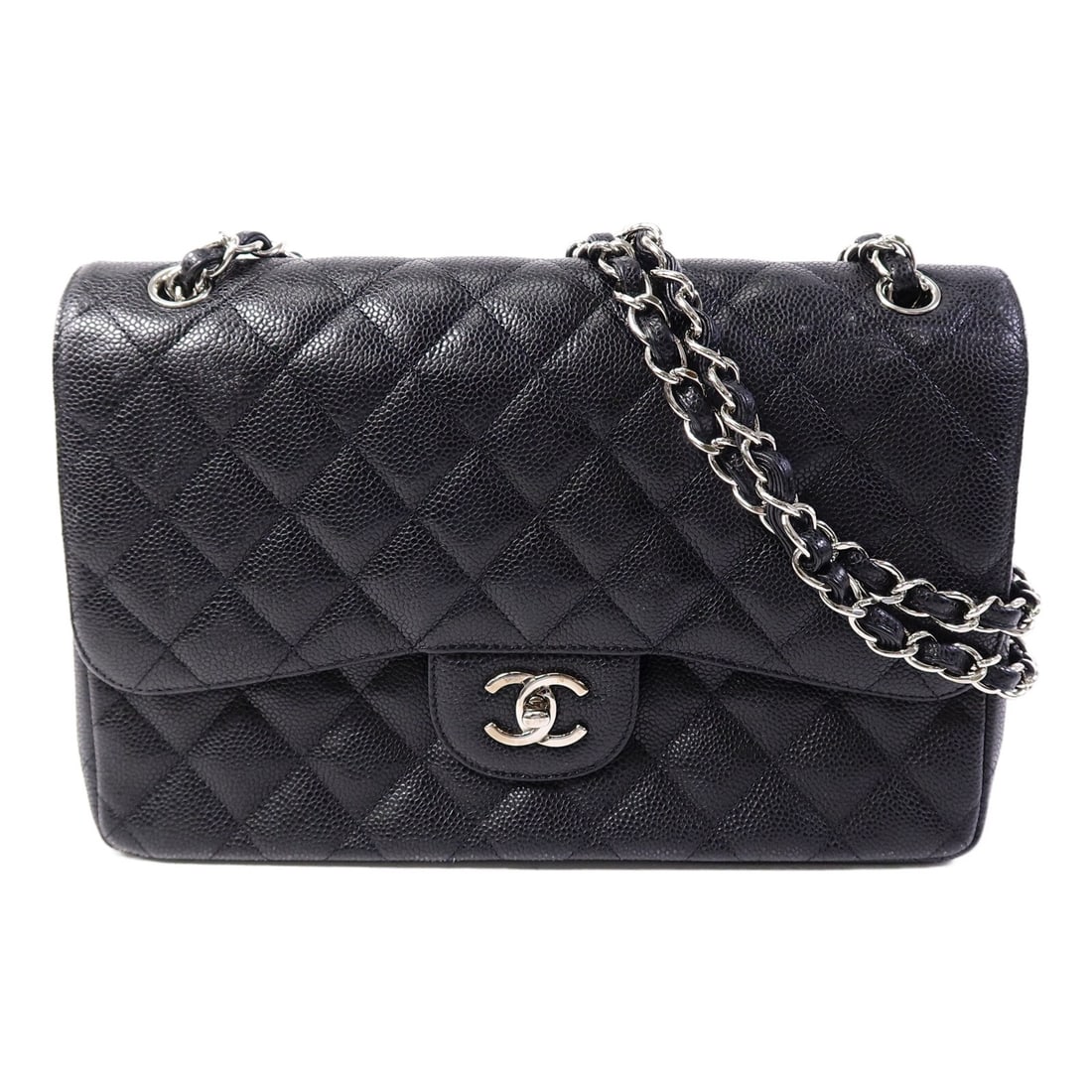CHANEL Classic Chain Shoulder Bag Black Calfskin Large: CHANEL Classic Chain Shoulder Bag Black Calfskin Large This CHANEL Large Classic Chain Shoulder Bag features a black calfskin leather exterior with silver-tone hardware and the iconic CC logo. Designe