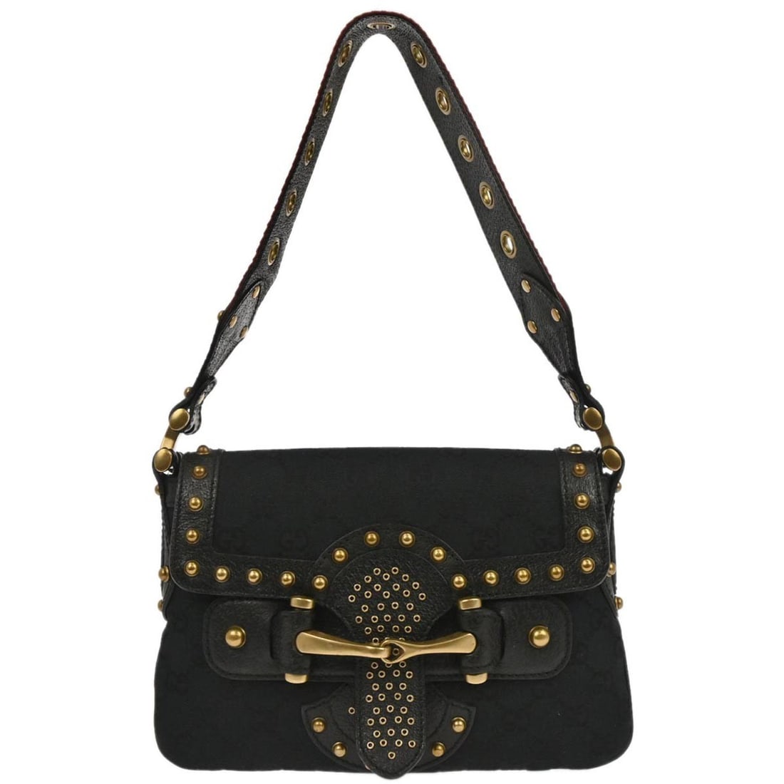 Gucci Pelham Small Black Canvas Leather Studded Shoulder Bag: Gucci Pelham Small Black Canvas Leather Studded Shoulder Bag This Gucci Pelham Runway handbag features the signature GG pattern in black canvas leather, accented with studded details. Designed as a sm