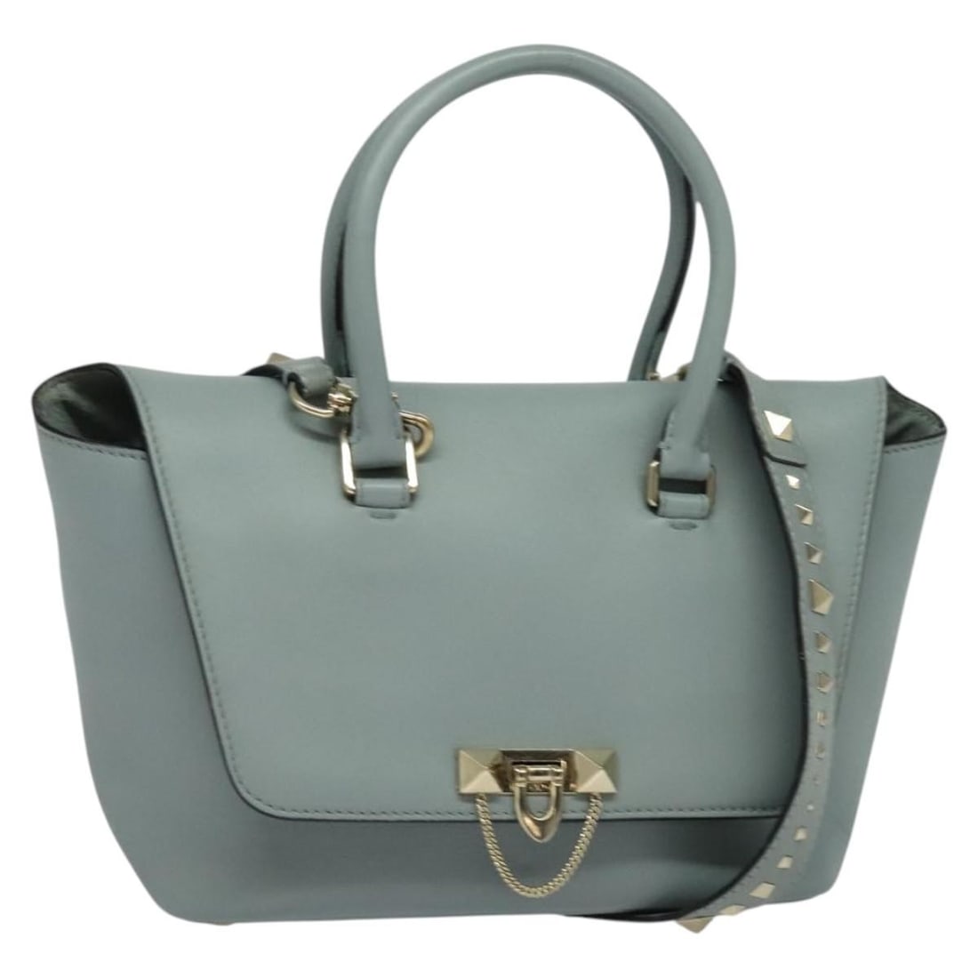 VALENTINO Light Blue Leather Hand Bag 2-Way Gold Accents Made in Italy (1 of 18)