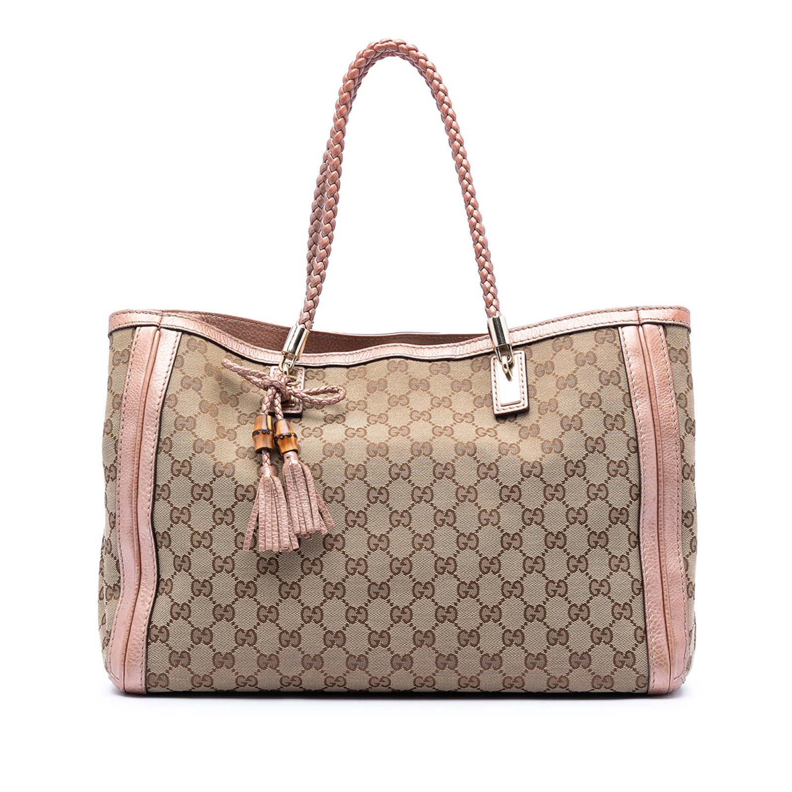 Gucci Bella Tote Medium Size GG Canvas With Metallic Leather Trim: Gucci Bella Tote Medium Size GG Canvas With Metallic Leather Trim This Gucci Medium GG Canvas Bella Tote features a beige canvas body with metallic leather trim and braided leather straps accented by 