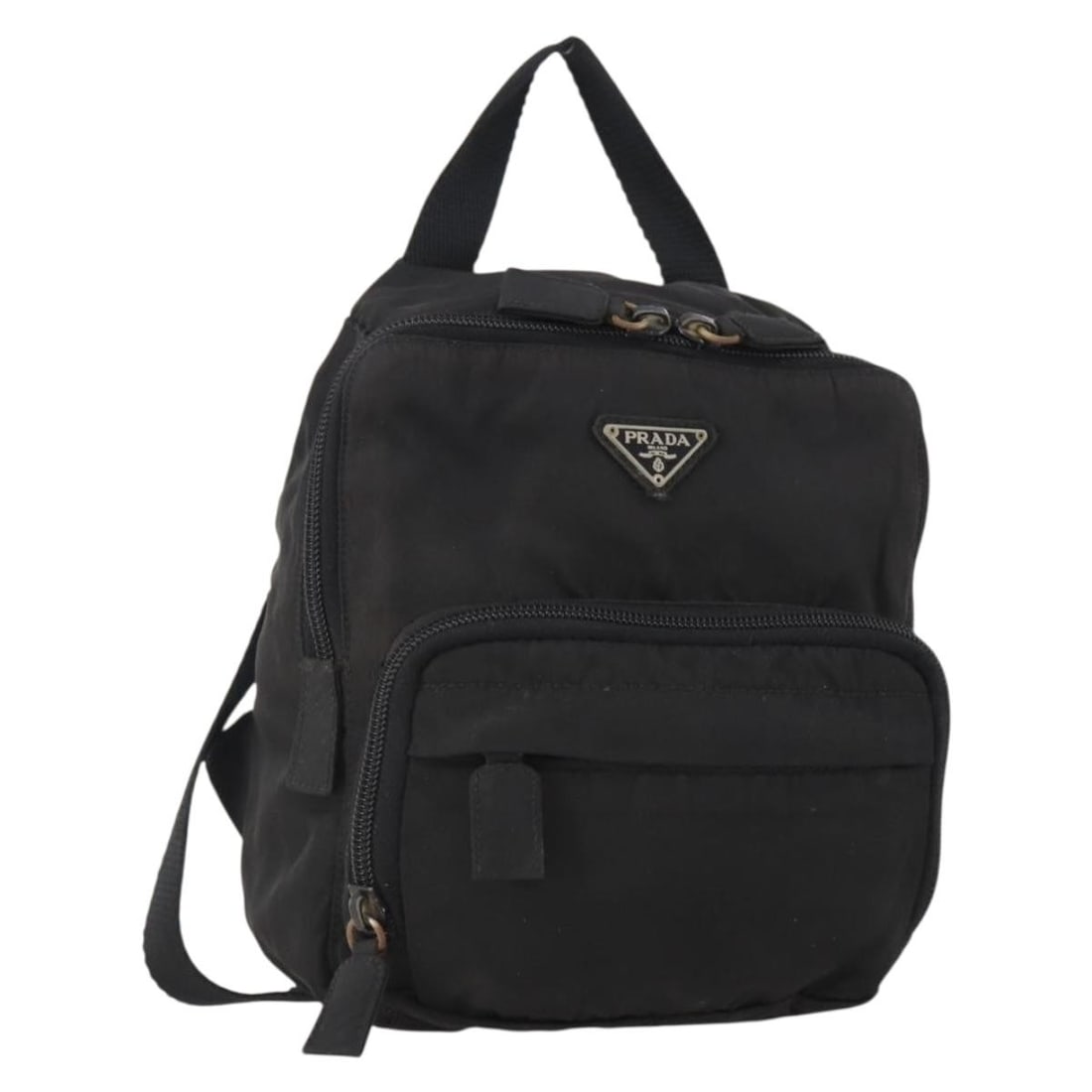Prada Black Nylon Backpack with Silver Accents for Women: Prada Black Nylon Backpack with Silver Accents for Women This Prada women's backpack is crafted from black nylon with silver-tone accents. Made in Italy, it features a compact design and is intended f