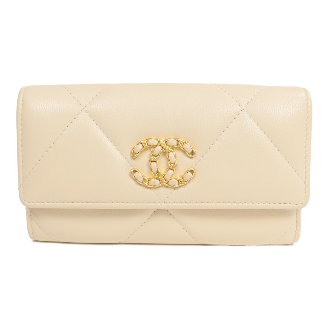 CHANEL C19 Beige Lambskin Leather Bifold Wallet GHW AP0953: CHANEL C19 Beige Lambskin Leather Bifold Wallet GHW AP0953 This CHANEL C19 long wallet features a classic bifold design crafted from luxurious beige lambskin leather. Designed for women, it showcases 