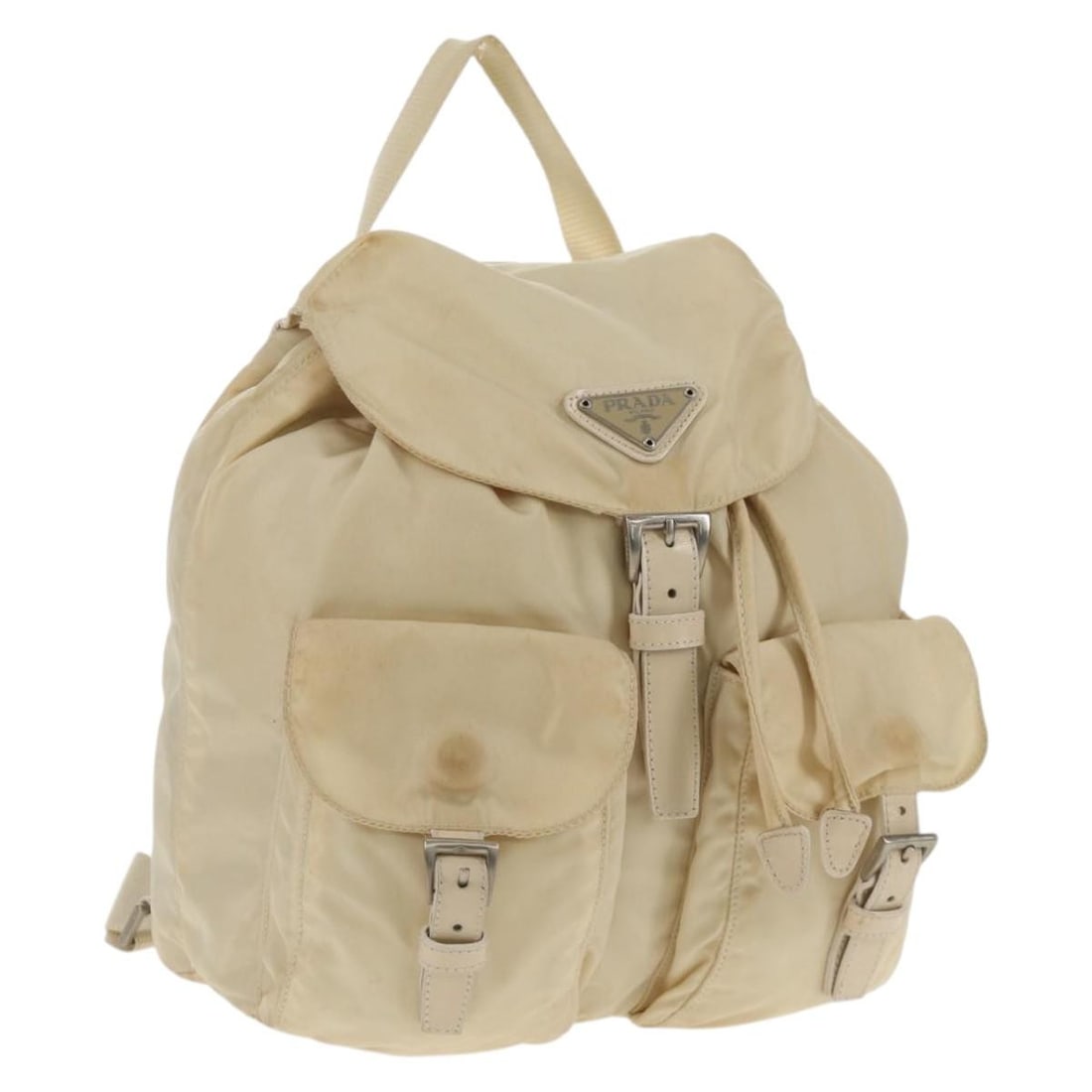 Prada nylon white silver women s backpack Italy 22cm x 24cm x 11cm: Prada nylon white silver women s backpack Italy 22cm x 24cm x 11cm This PRADA backpack is crafted from white and silver nylon and is designed for women. Made in Italy, it features a compact silhouette