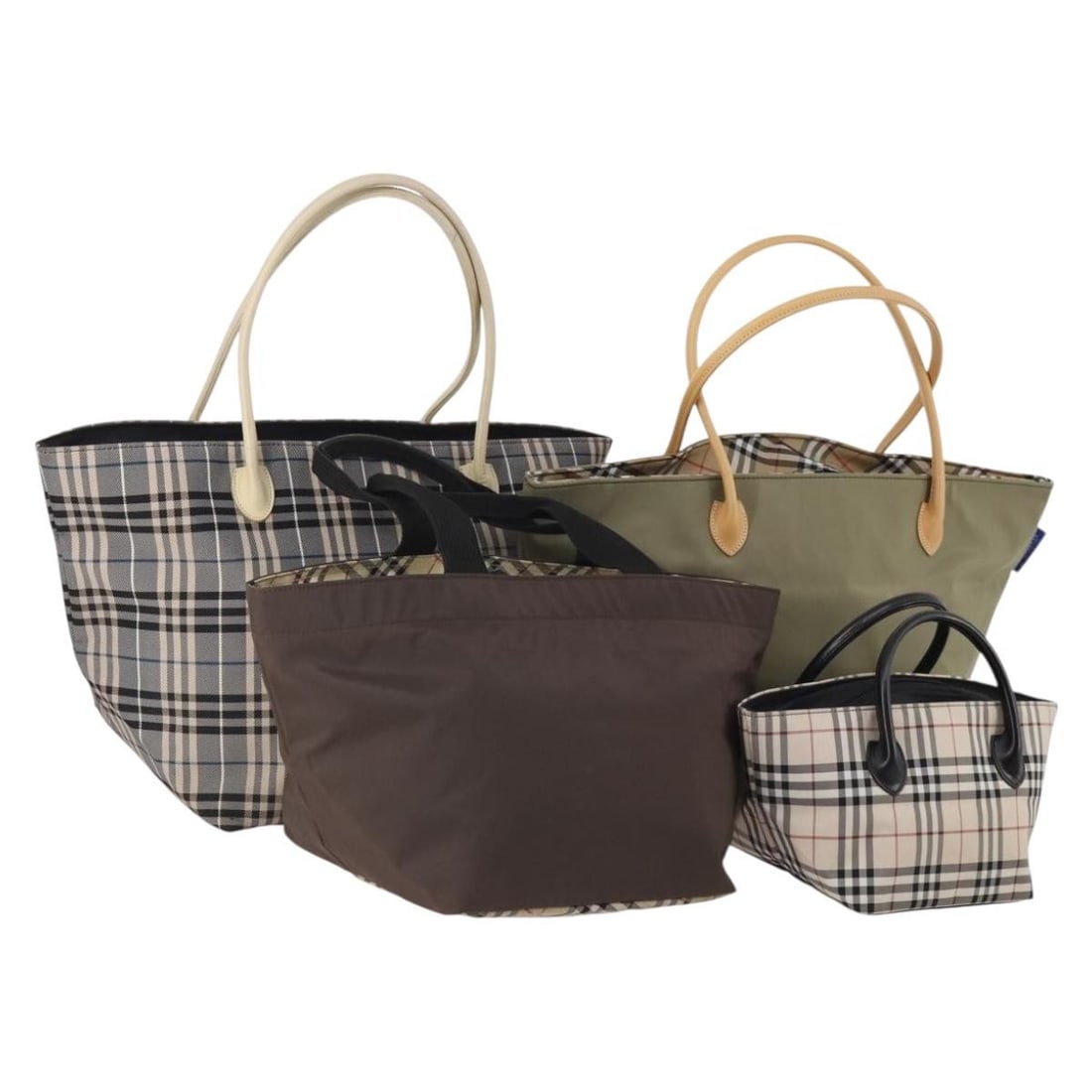 Set of 4 Burberrys Nova Check Nylon Handbags in Green Gray Beige: Set of 4 Burberrys Nova Check Nylon Handbags in Green Gray Beige This set includes four Burberrys Nova Check handbags crafted from nylon in green, gray, and beige tones. Designed for women, these bags