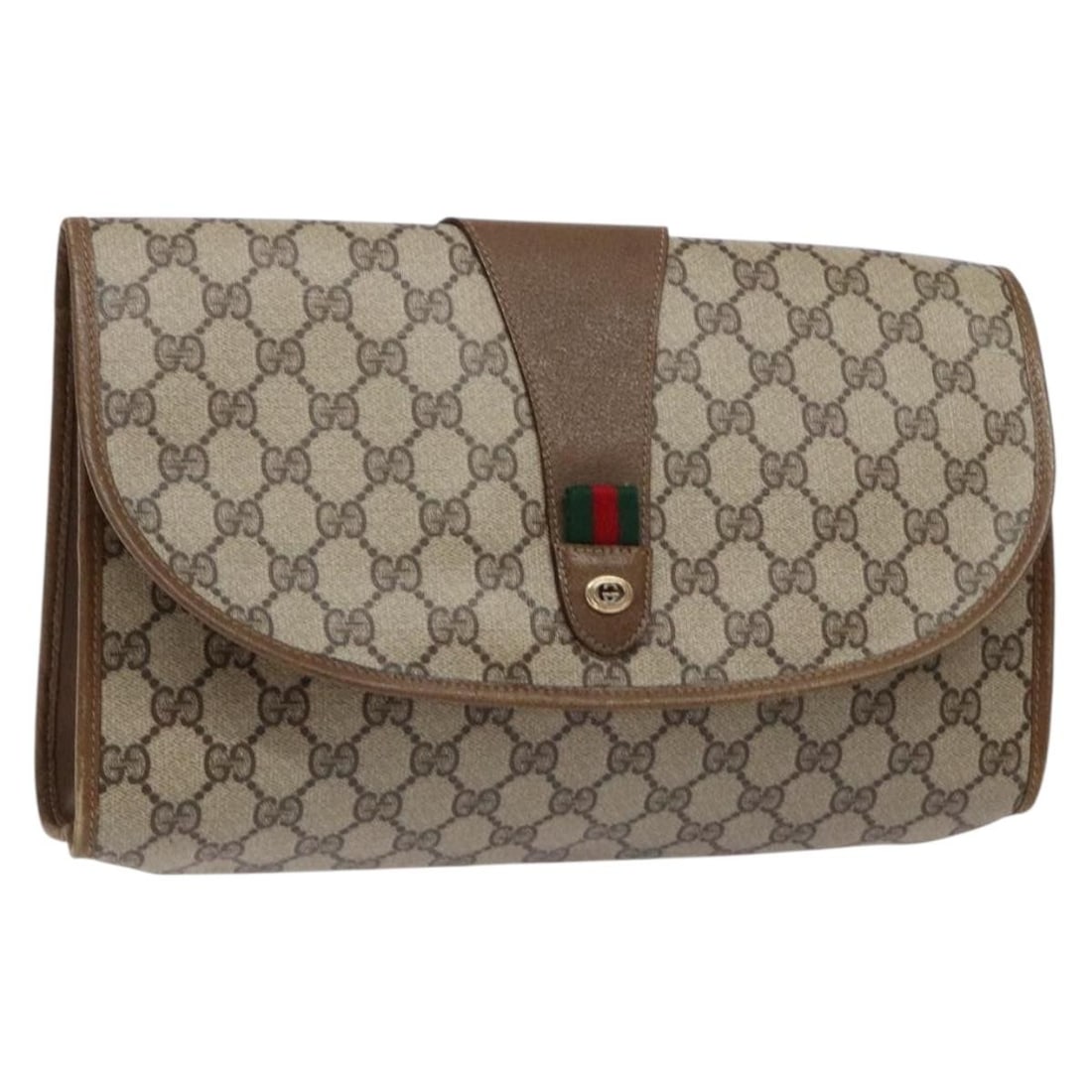 GUCCI GG Supreme Web Sherry Clutch Bag Beige Gold PVC 89 01 031 Auth: GUCCI GG Supreme Web Sherry Clutch Bag Beige Gold PVC 89 01 031 Auth This GUCCI GG Supreme Web Sherry Line Clutch Bag, crafted from durable PVC leather, showcases a stylish beige and gold exterior. Me