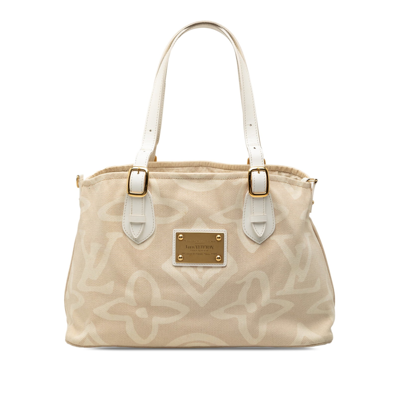 Louis Vuitton Tahitienne PM Canvas Tote with Leather Trim Beige: Louis Vuitton Tahitienne PM Canvas Tote with Leather Trim Beige The Louis Vuitton Monogram Tahitienne Cabas PM features a beige canvas body with leather trim and flat leather straps. The design includ