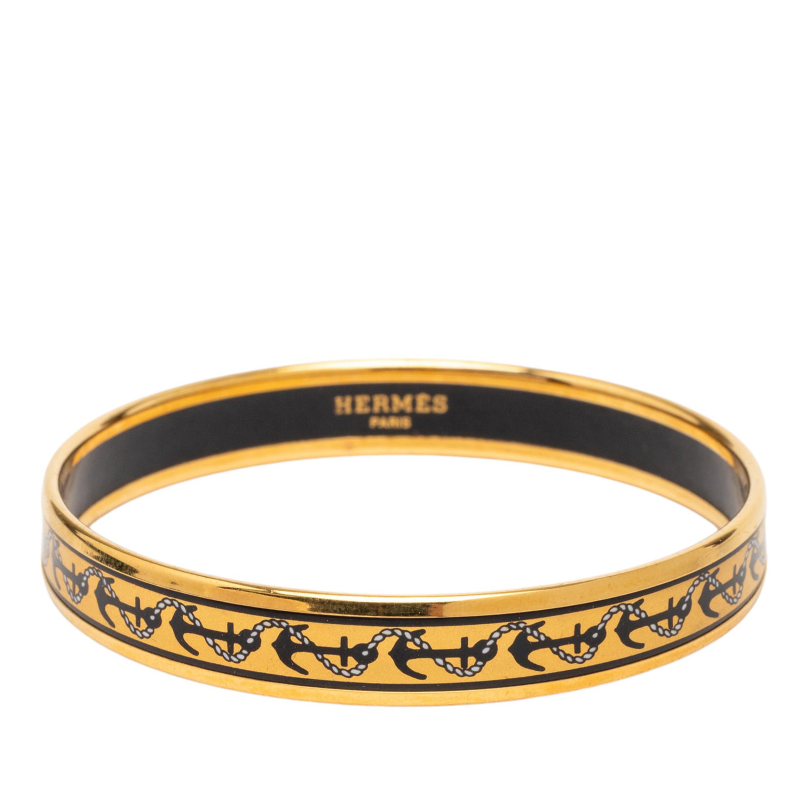 Hermes Anchor Motif Yellow Enamel Narrow Bangle Bracelet 62: Hermes Anchor Motif Yellow Enamel Narrow Bangle Bracelet 62 This Hermes Narrow Anchor Enamel Bangle 62 features a printed enamel design with a gold-tone metal body. The bracelet comes in yellow and is