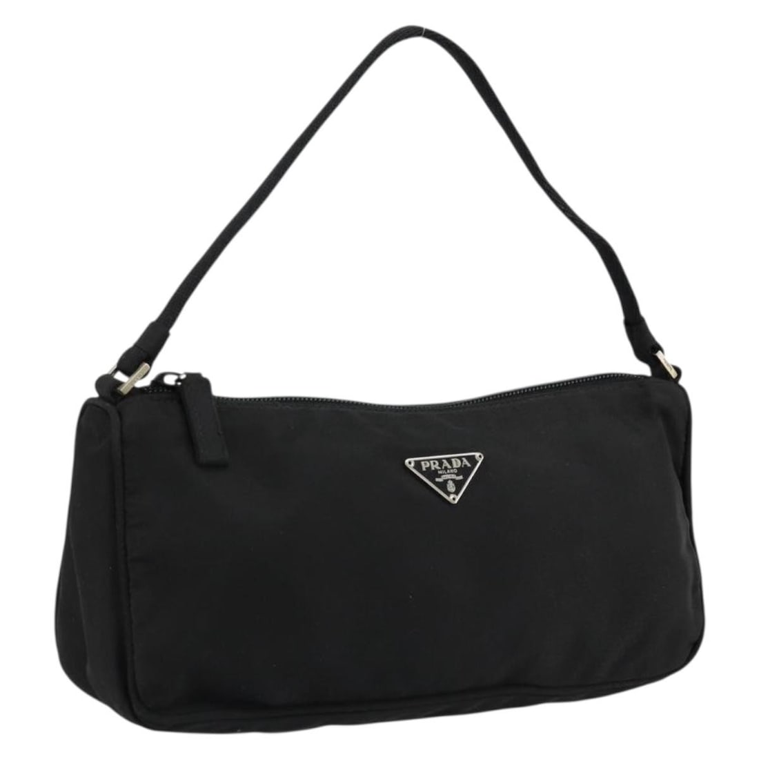 Prada nylon black silver accessory pouch Italy 9.1 x 4.7 x 2.4inch: Prada nylon black silver accessory pouch Italy 9.1 x 4.7 x 2.4inch This Prada accessory pouch is crafted from black nylon with silver-tone accents. Designed for women, it features a compact silhouette