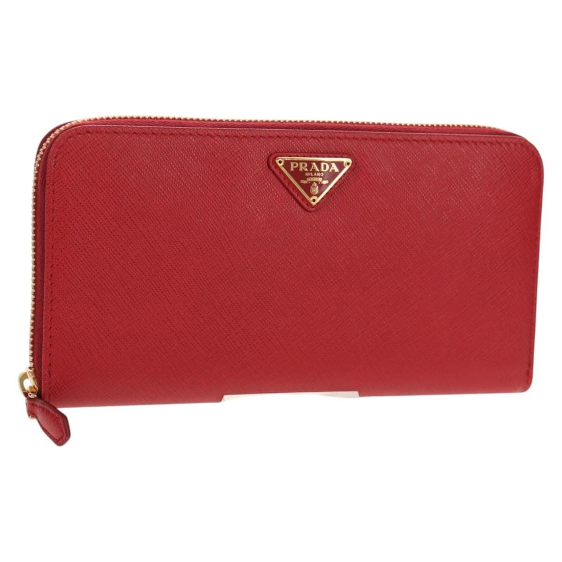 Prada Saffiano Leather Red Gold Long Wallet with Box and Guarantee Card: Prada Saffiano Leather Red Gold Long Wallet with Box and Guarantee Card This PRADA long wallet is crafted from Saffiano leather in a striking red color with gold-tone accents. Designed for women, the 