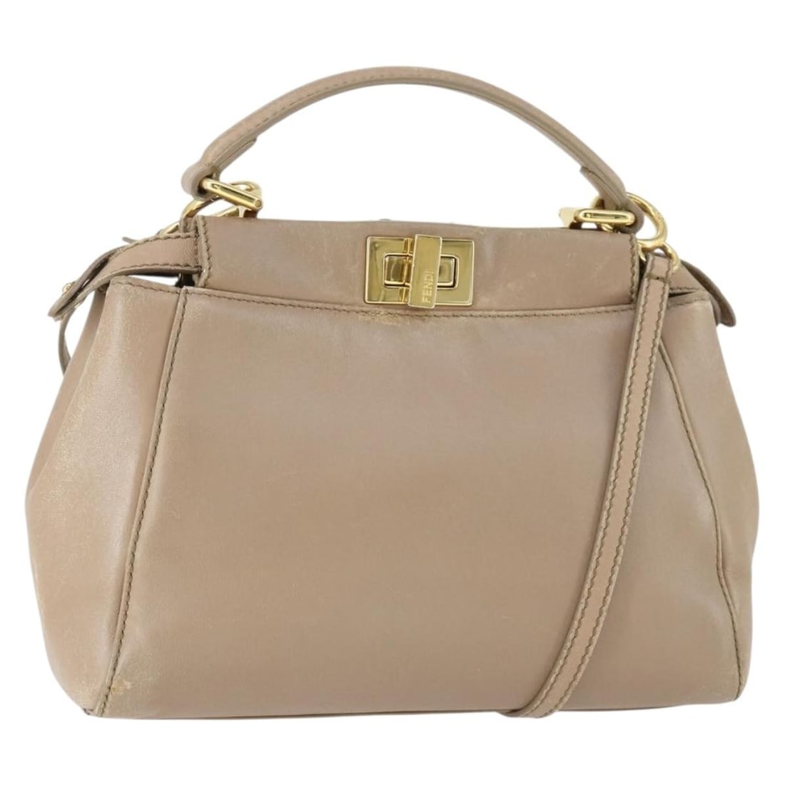 Fendi Peekaboo Leather 2way Beige Gold Shoulder and Handbag with Strap: Fendi Peekaboo Leather 2way Beige Gold Shoulder and Handbag with Strap This FENDI Peek A Boo 2-way handbag is crafted from beige and gold leather, offering both handheld and shoulder-carry options. De