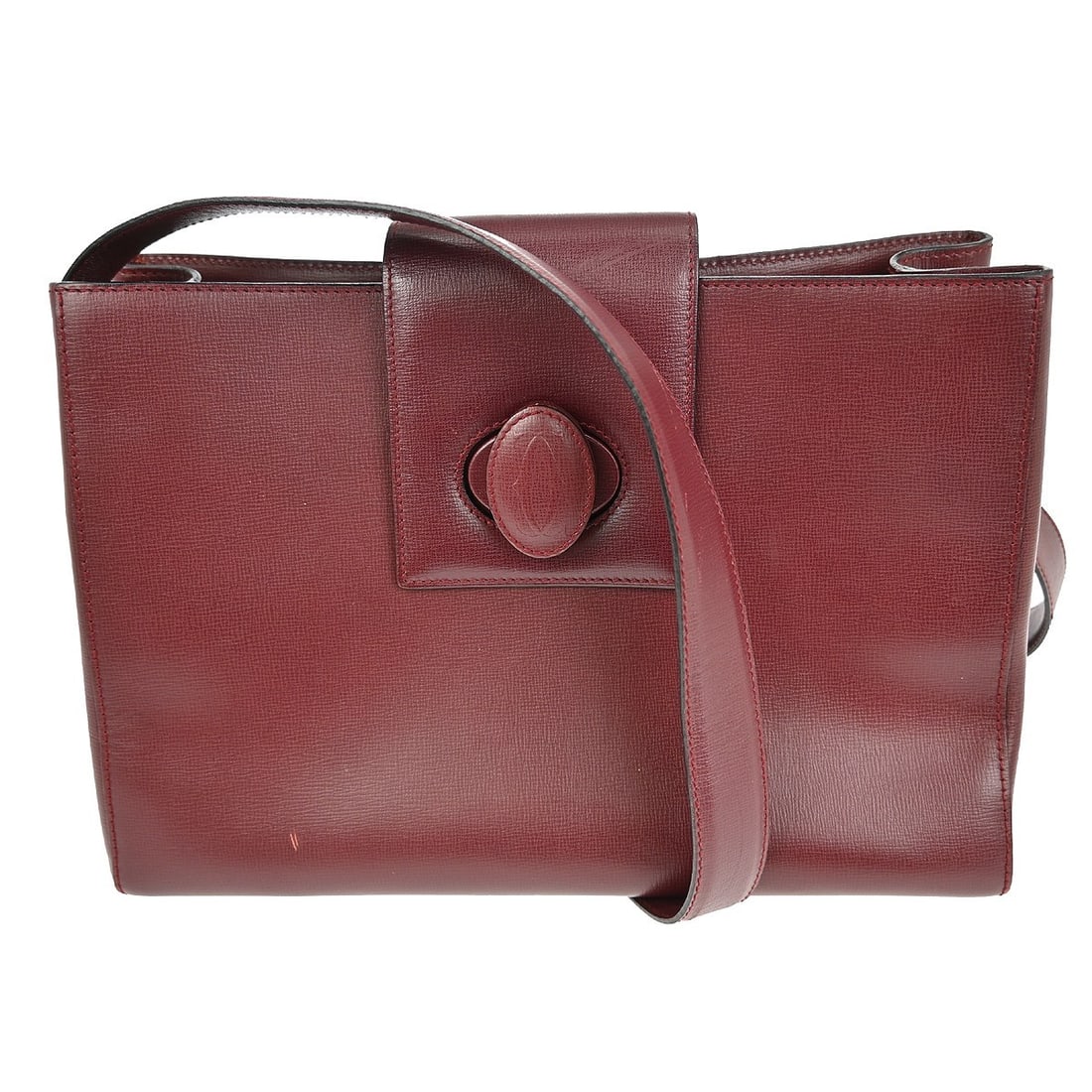 Cartier Bordeaux Vintage Leather Medium Shoulder Bag with Strap: Cartier Bordeaux Vintage Leather Medium Shoulder Bag with Strap This vintage shoulder bag features Bordeaux leather with a medium-sized silhouette. Designed with a shoulder strap, it offers a classic 