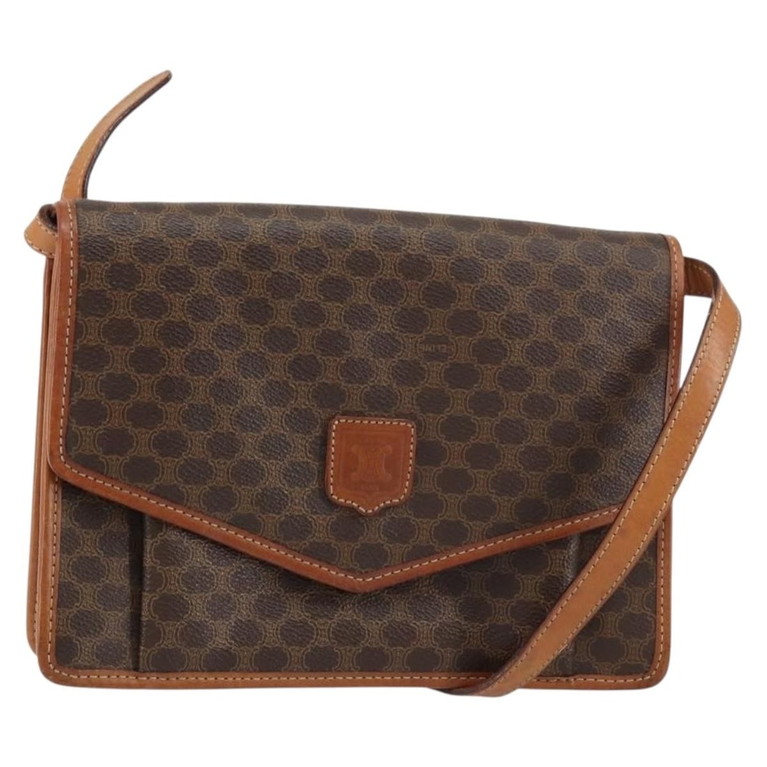 CELINE Macadam Canvas Shoulder Bag Brown Gold PVC Leather Italy: CELINE Macadam Canvas Shoulder Bag Brown Gold PVC Leather Italy Crafted in Italy, this CELINE Macadam Canvas Shoulder Bag is a luxurious accessory that combines functionality with elegance. Made from 