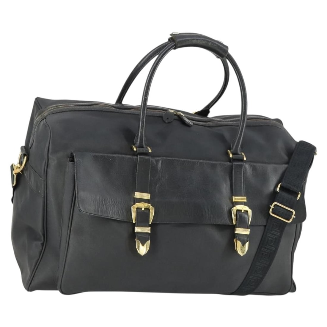 Versace Boston Bag Black Gold Coated Canvas with Shoulder Strap Two Way Style: Versace Boston Bag Black Gold Coated Canvas with Shoulder Strap Two Way Style This is a Versace Boston Bag crafted from black and gold coated canvas. Designed for versatile carrying, it features both 