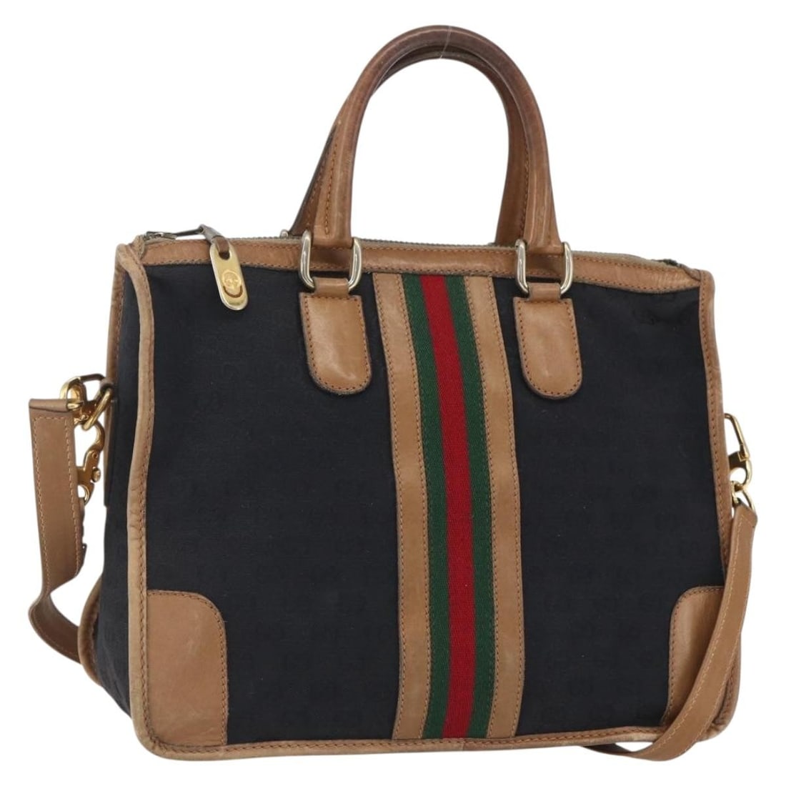 Black GG Canvas Gucci Web Sherry Line 2way Shoulder and Handbag Italy: Black GG Canvas Gucci Web Sherry Line 2way Shoulder and Handbag Italy This is a Gucci Web Sherry Line GG Canvas 2-way handbag in black and gold. Crafted in Italy from canvas with GG canvas detailing, 