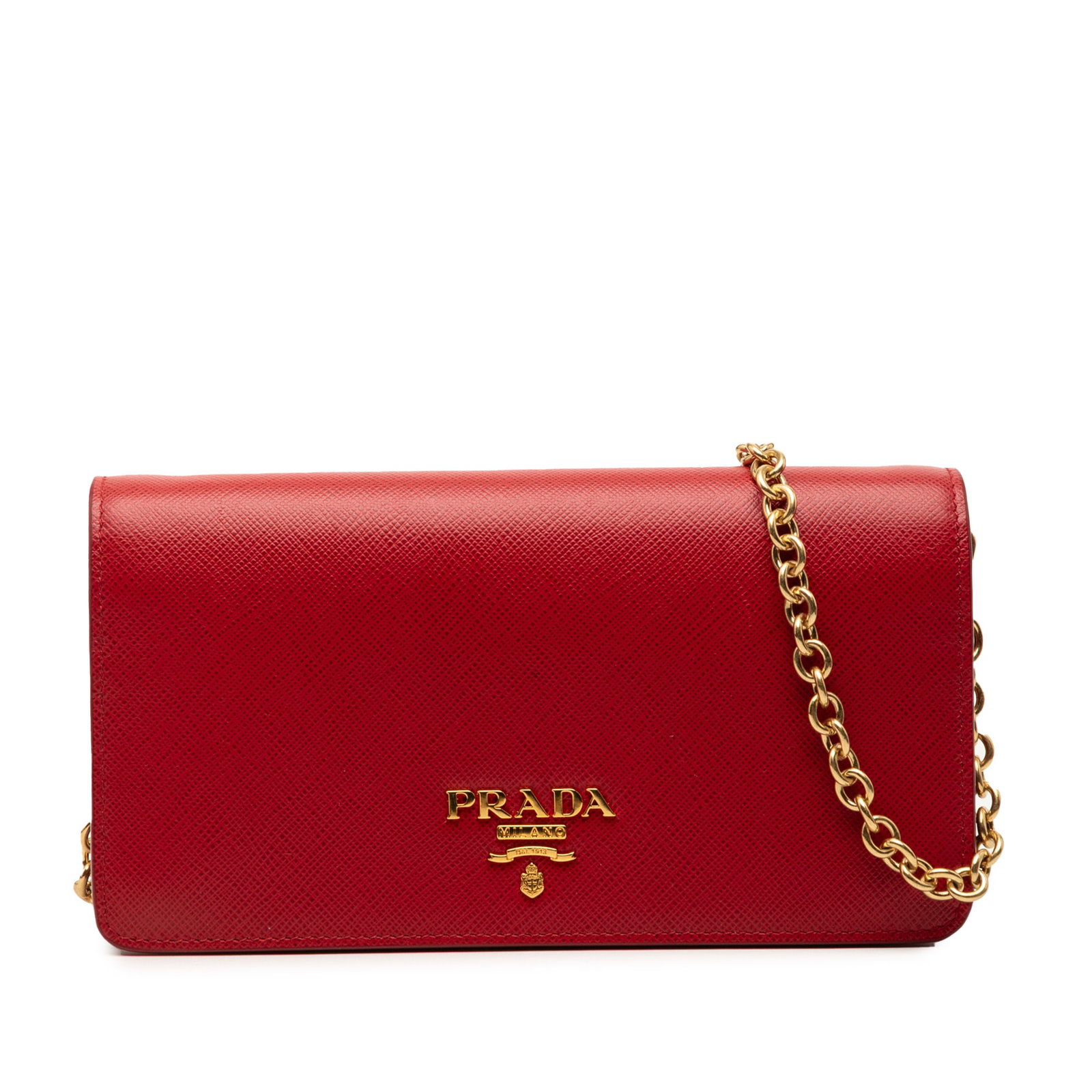 Red Prada Saffiano Leather Wallet with Detachable Chain Strap: Red Prada Saffiano Leather Wallet with Detachable Chain Strap This Prada Saffiano Wallet On Chain features a red saffiano leather body, a detachable chain link strap, a front flap with magnetic snap b