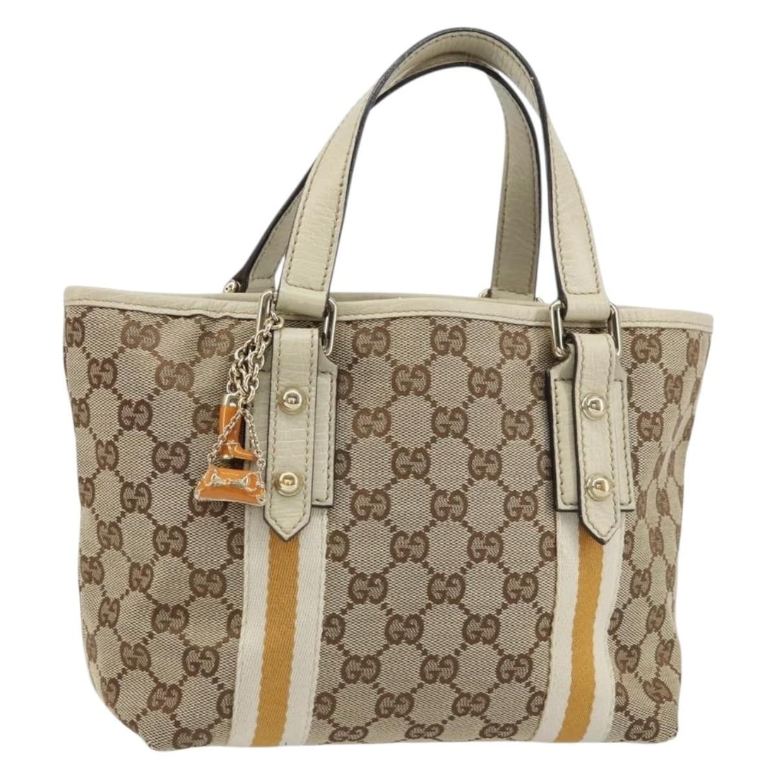 Beige Gold GG Canvas Gucci Sherry Line 139261 Handbag with Charm: Beige Gold GG Canvas Gucci Sherry Line 139261 Handbag with Charm This Gucci GG Canvas Sherry Line handbag features a beige and gold color scheme with signature GG canvas exterior. The structured desig