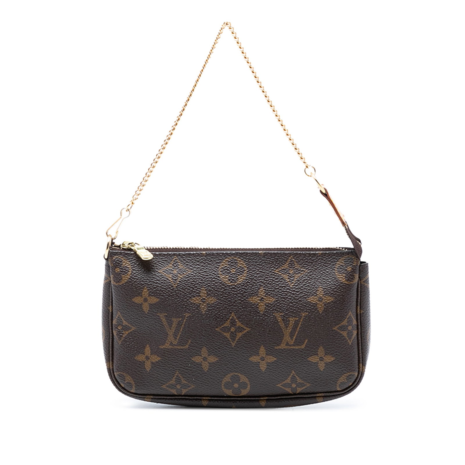 Monogram Canvas Mini Pochette Bag with Vachetta Leather Handle: Monogram Canvas Mini Pochette Bag with Vachetta Leather Handle This Louis Vuitton Mini Pochette Accessoires features the signature monogram canvas exterior with a flat vachetta leather handle and a to