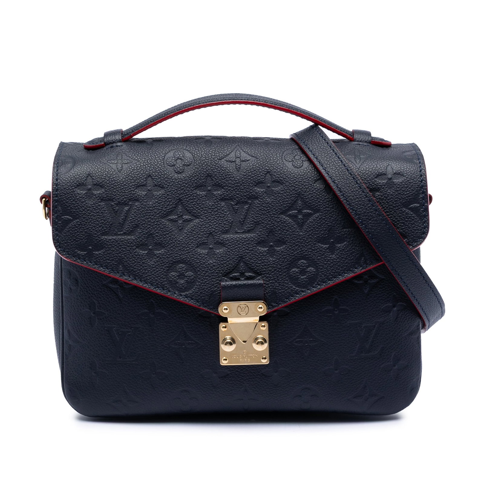 Louis Vuitton Blue Empreinte Leather Pochette Metis Shoulder Bag: Louis Vuitton Blue Empreinte Leather Pochette Metis Shoulder Bag This Louis Vuitton Monogram Empreinte Pochette Metis features a luxurious blue monogram empreinte leather body, complemented by a flat 