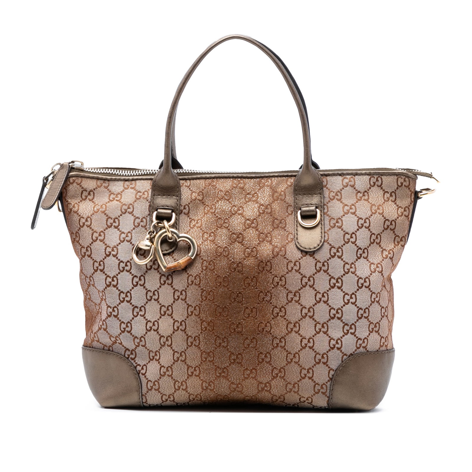 Gucci Brown GG Lurex Heart Bit Canvas Satchel with Leather Trim: Gucci Brown GG Lurex Heart Bit Canvas Satchel with Leather Trim This Gucci GG Lurex Heart Bit Satchel features a canvas body with leather trim, flat leather handles, a top zip closure, and interior zi