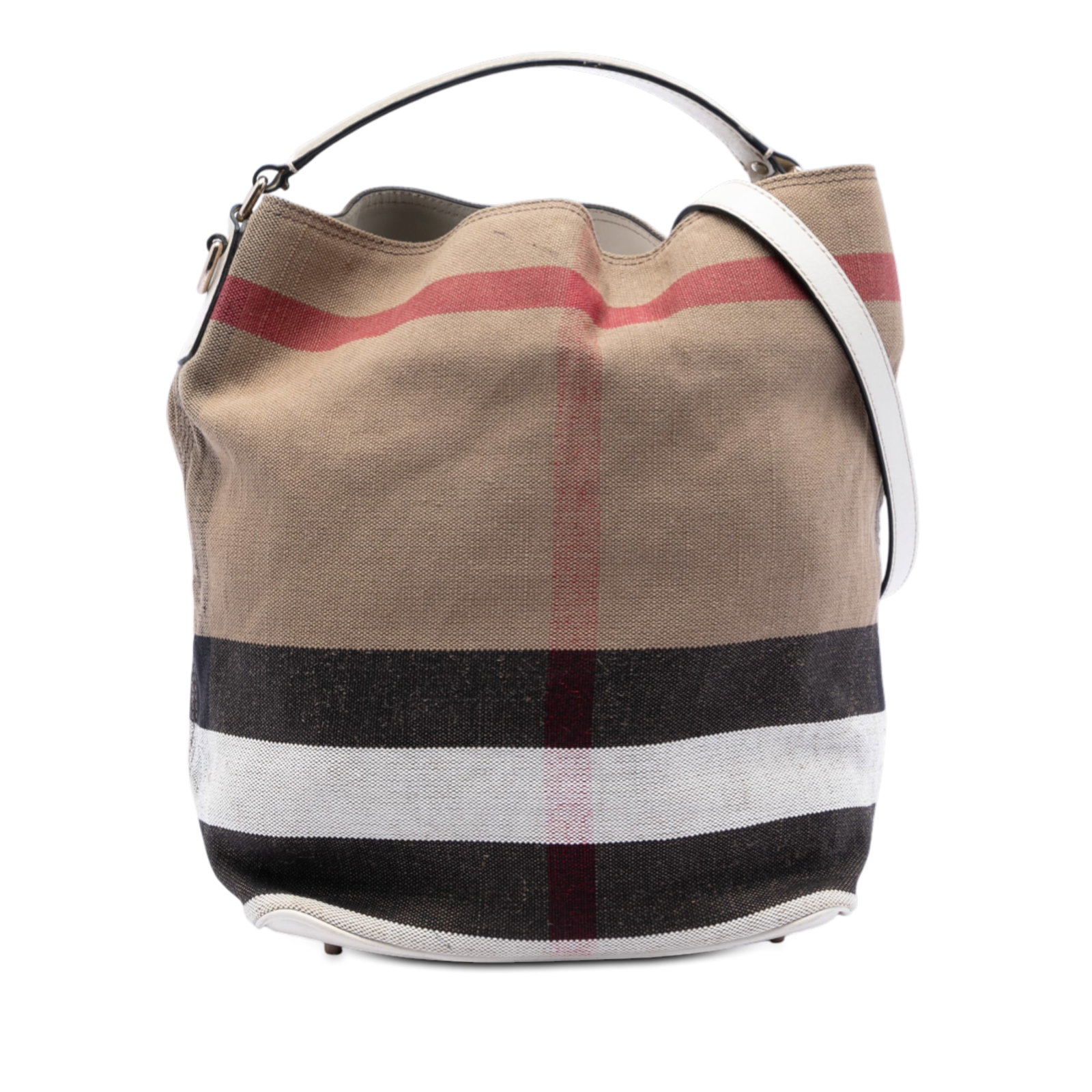 Burberry Ashby Medium Canvas Bucket Bag with Mega Check Pattern: Burberry Ashby Medium Canvas Bucket Bag with Mega Check Pattern This Burberry Medium Mega Check Canvas Ashby Bucket Bag showcases the iconic check canvas design with a flat leather handle and an adjus