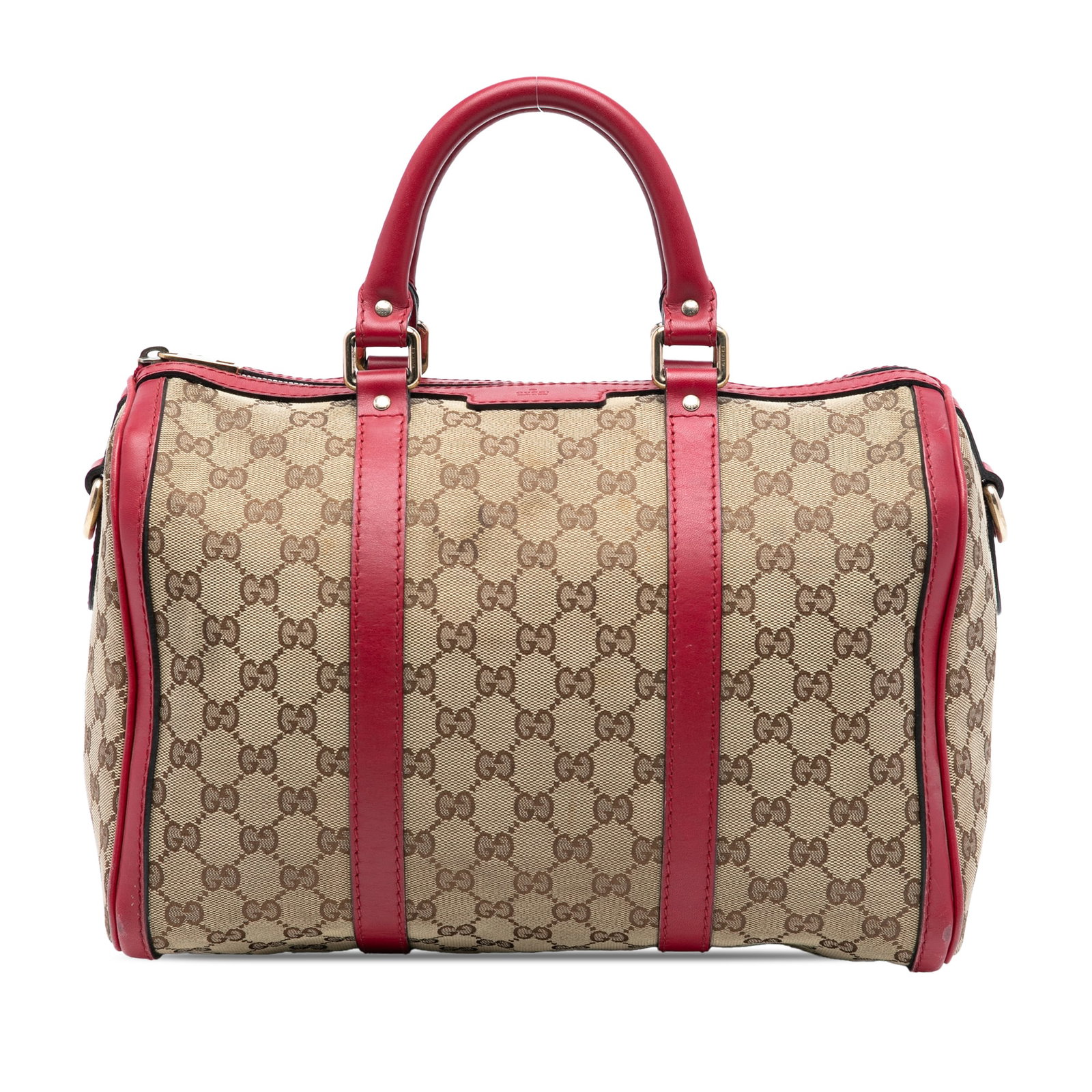 Gucci Joy Boston Medium Satchel in GG Canvas with Leather Trim: Gucci Joy Boston Medium Satchel in GG Canvas with Leather Trim This Gucci Medium GG Canvas Joy Boston Bag features a canvas body with leather trim, rolled leather handles, a top zip closure, and inter