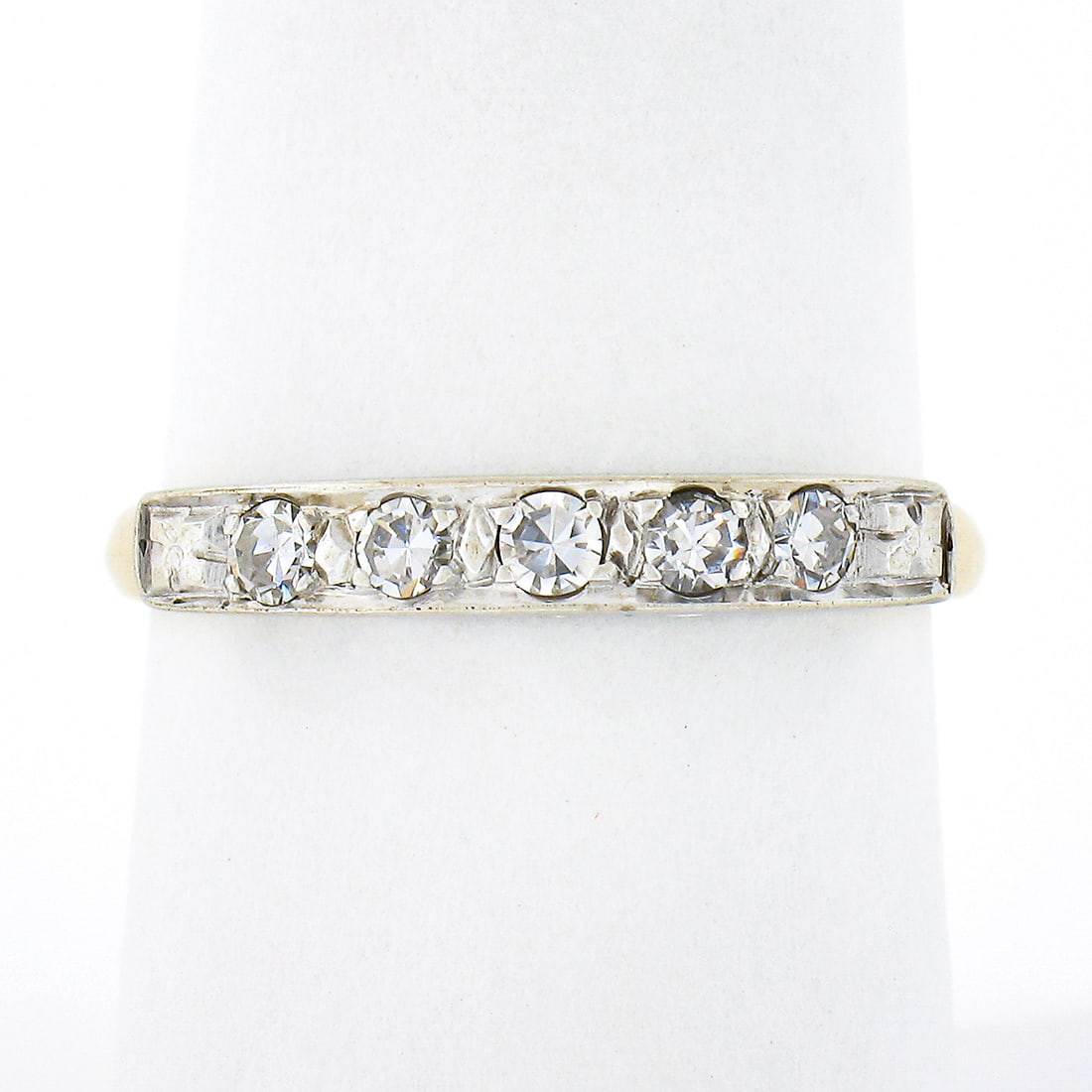 Antique 14k Two Tone Gold 0.30ctw Art Deco Diamond Wedding Band Ring: Antique 14k Two Tone Gold 0.30ctw Art Deco Diamond Wedding Band Ring This exquisite antique wedding band ring showcases a beautiful blend of 14k two-tone gold, featuring a solid yellow gold band toppe