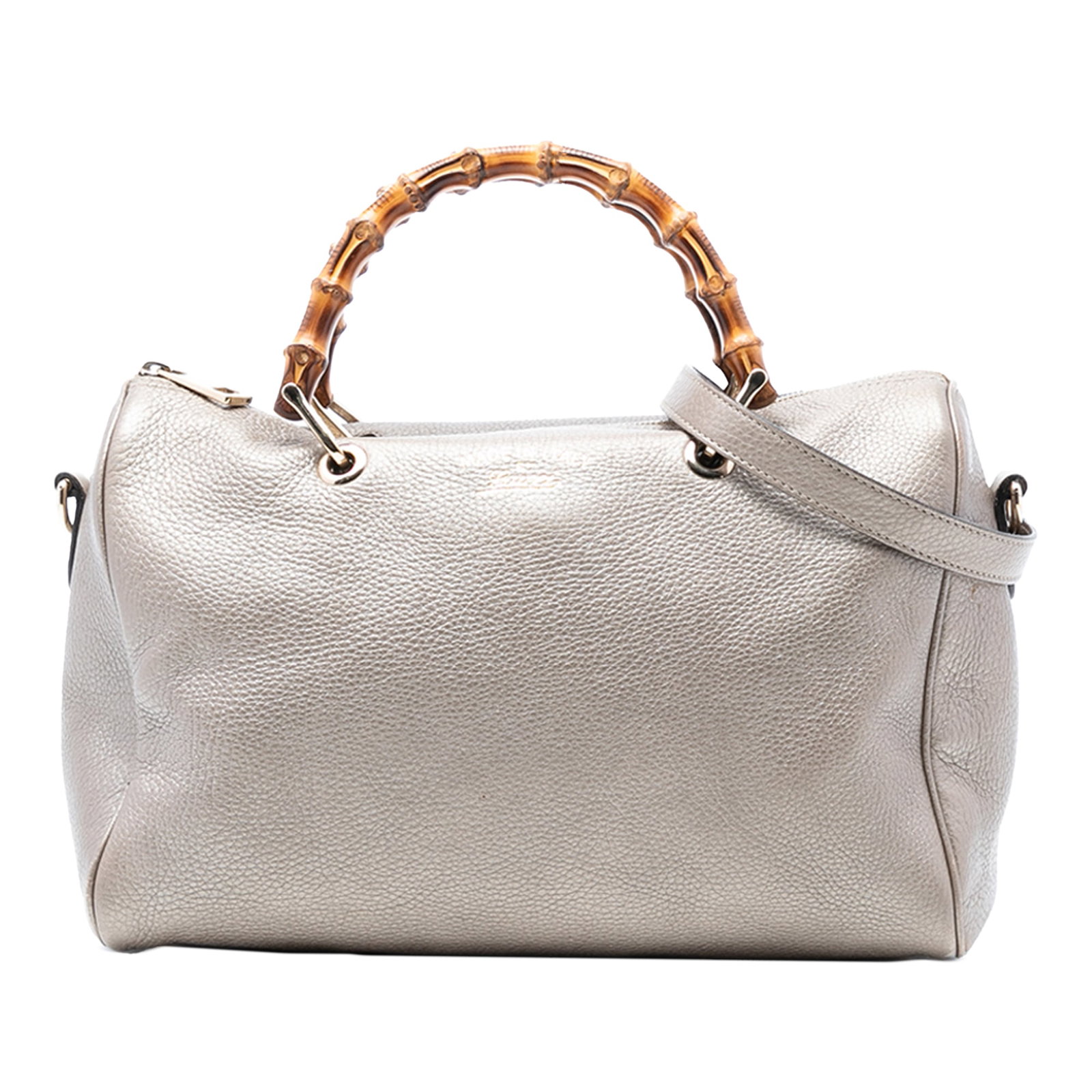 Gucci Bamboo Handle Medium Leather Boston Satchel Bag: Gucci Bamboo Handle Medium Leather Boston Satchel Bag This Gucci Medium Calfskin Bamboo Shopper Boston Bag features a gold leather exterior with signature bamboo top handles and a top zip closure. The