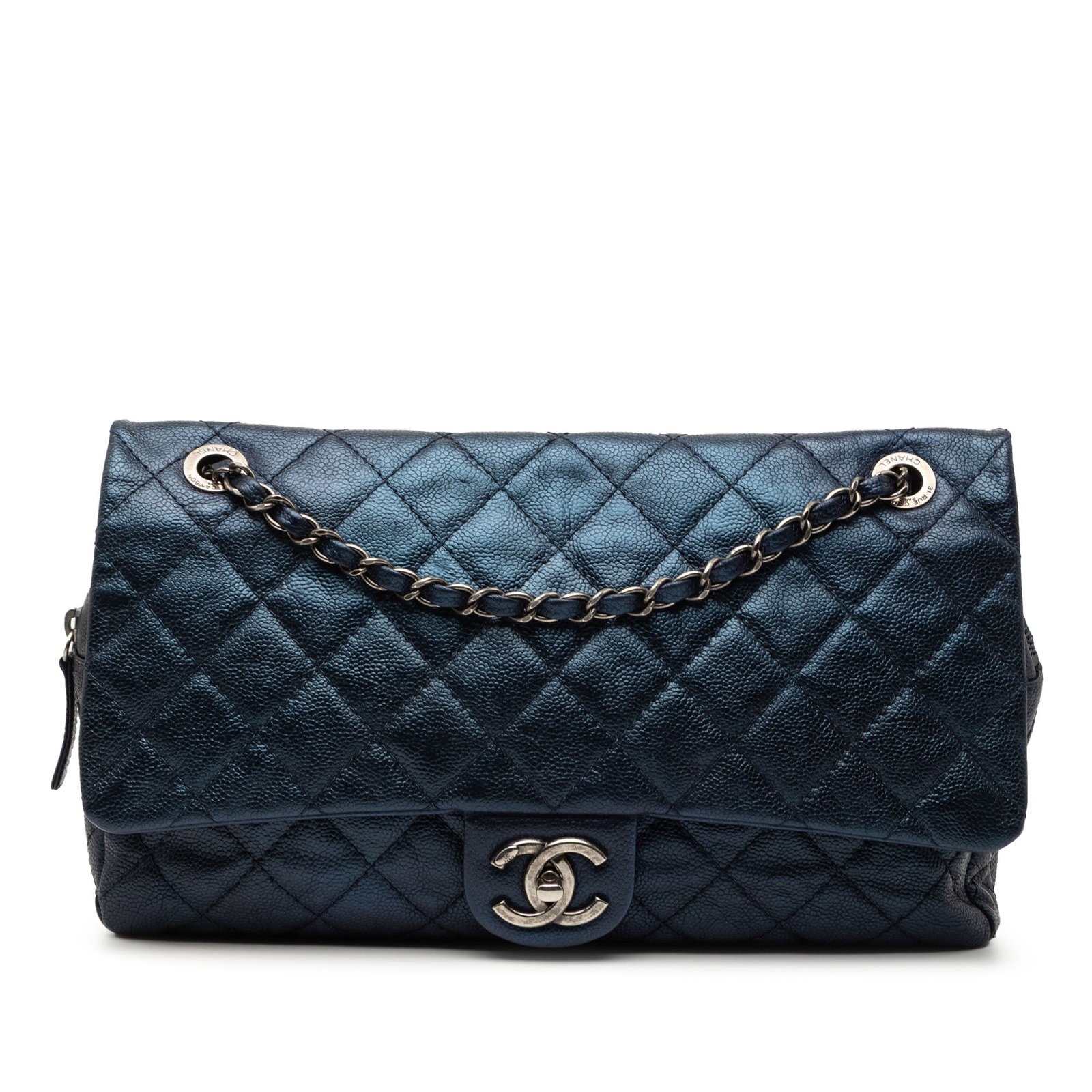 Blue Iridescent Quilted Leather Chanel Easy Flap Jumbo Shoulder Bag: Blue Iridescent Quilted Leather Chanel Easy Flap Jumbo Shoulder Bag This Chanel Jumbo Quilted Iridescent Caviar Easy Flap bag features a blue iridescent quilted caviar leather body, complemented by a 